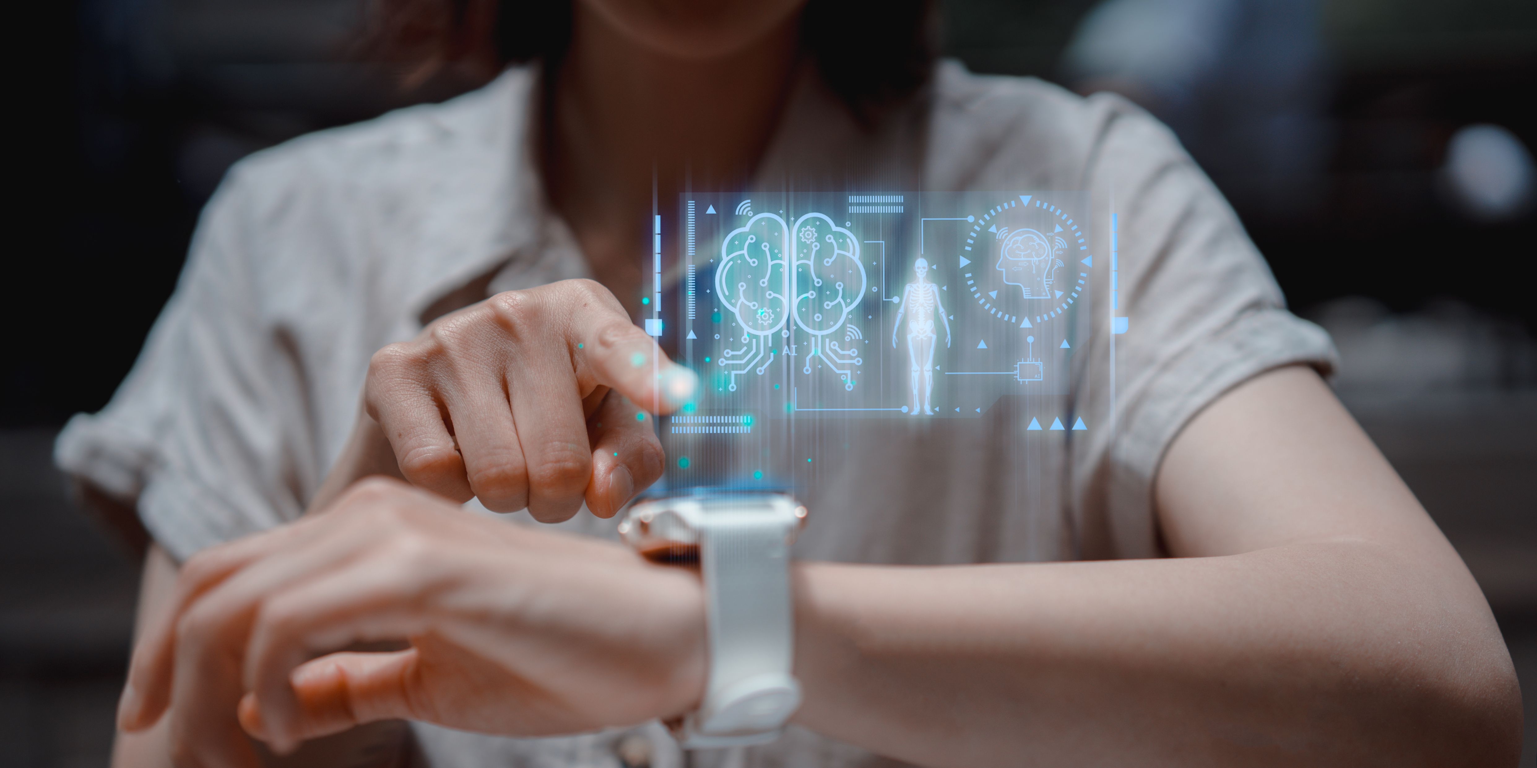 Smartwatch health check with digital system on modern virtual screen. Wristwatch brain monitor checking for tracking health condition. Healthcare, Medical technology and futuristic concept. Smartwatch health check with digital system on modern virtual screen. Wristwatch brain monitor checking for tracking health condition. Healthcare, Medical technology and futuristic concept.