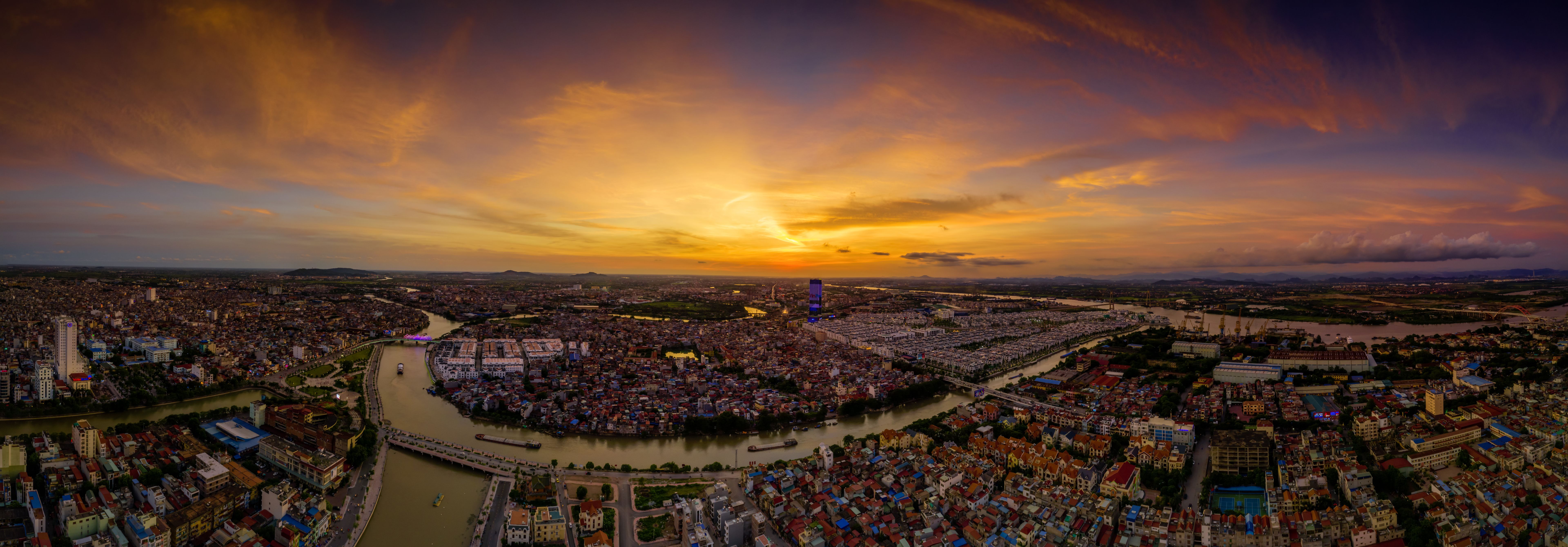 Aerial view of Sunset at Lap River in panorama shot