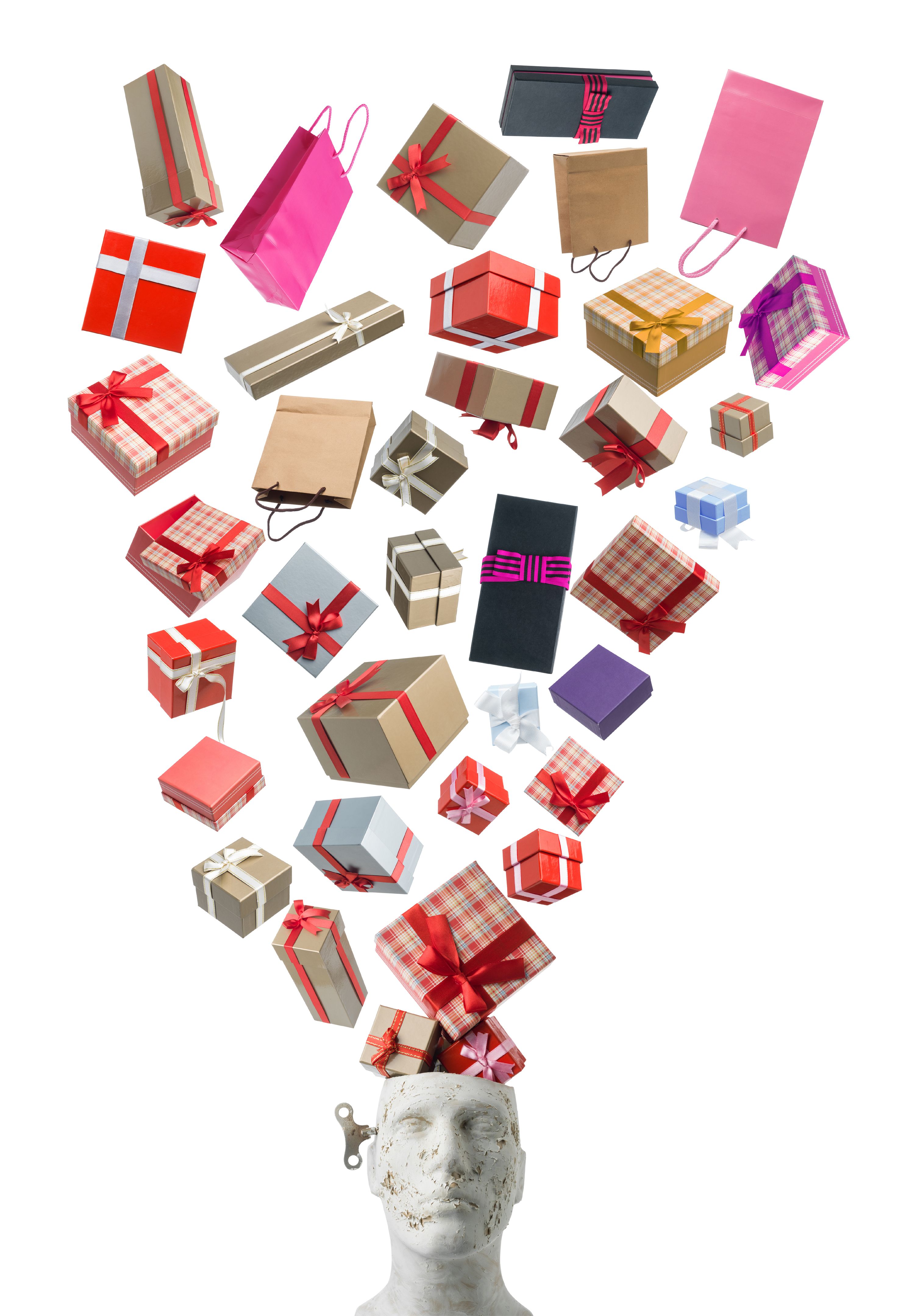 Gift Boxes With Ribbons Falling Into Plastic Mannequin Head