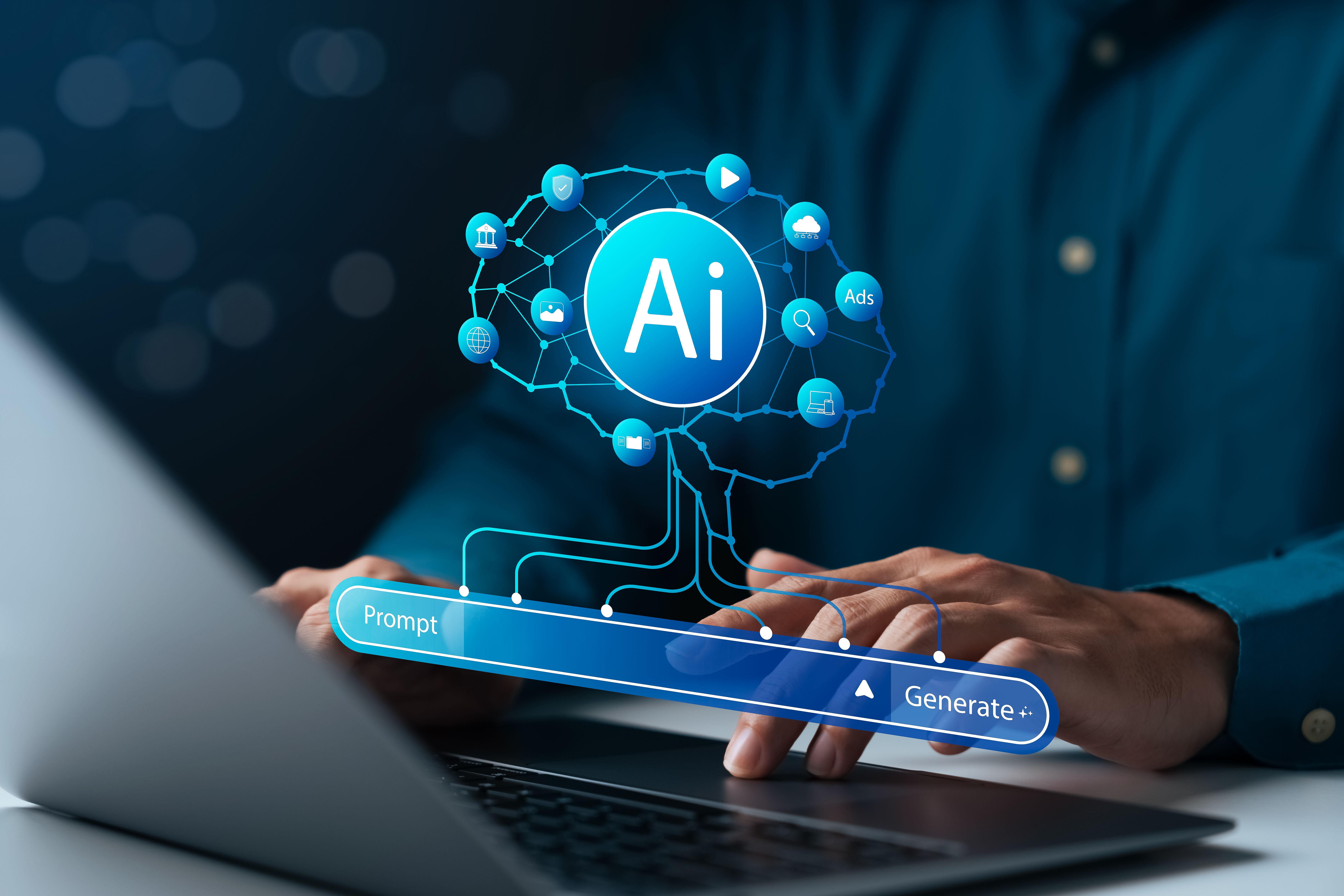 AI prompt generate concept showing person typing on laptop with artificial intelligence app interface, digital technology, automation, innovation, and futuristic software solution. AI prompt generate concept showing person typing on laptop with artificial intelligence app interface, digital technology, automation, innovation, and futuristic software solution.