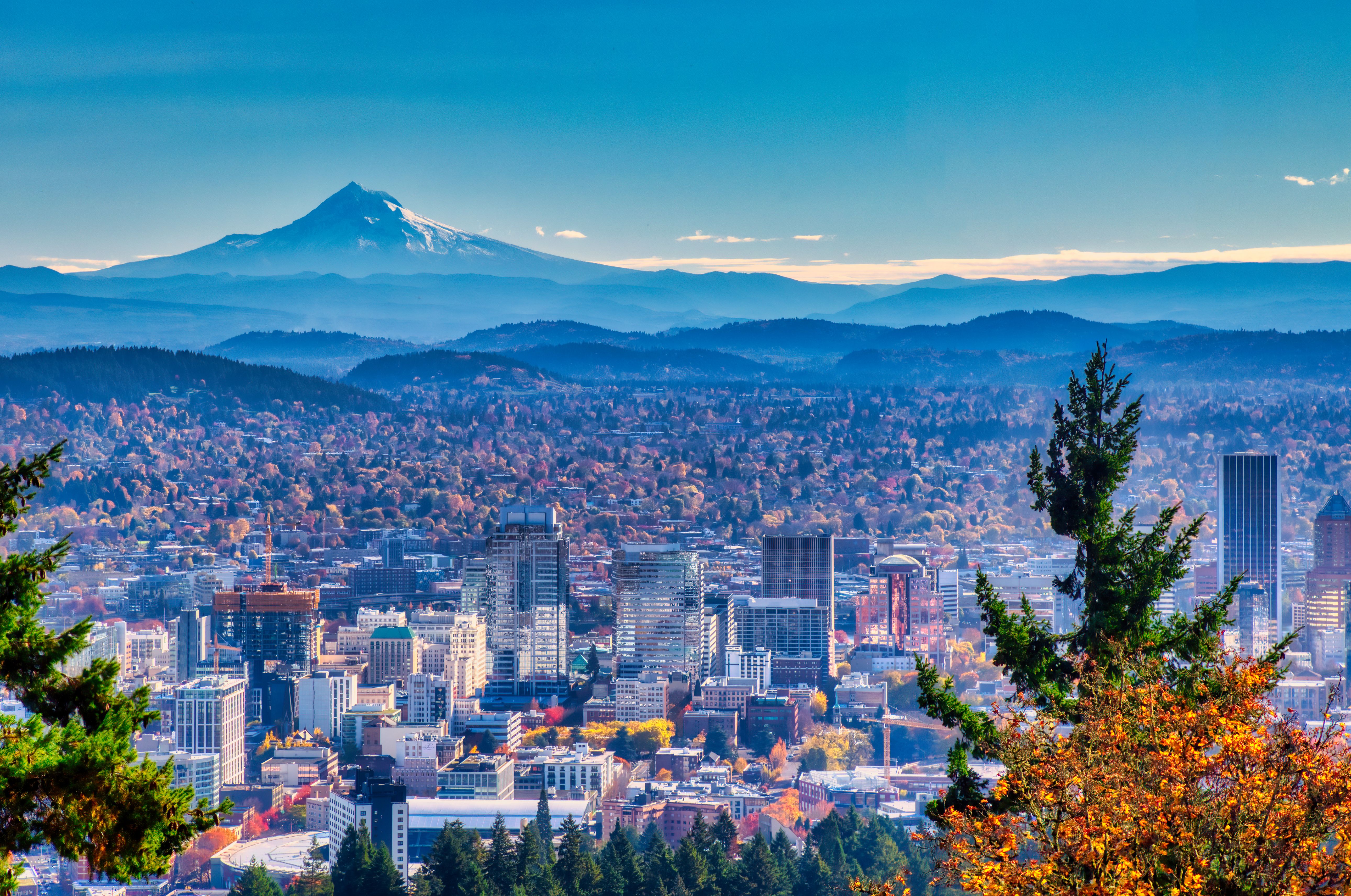 Portland Oregon skyline with Mt. Hood in Autumn Portland Oregon skyline with Mt. Hood in Autumn
