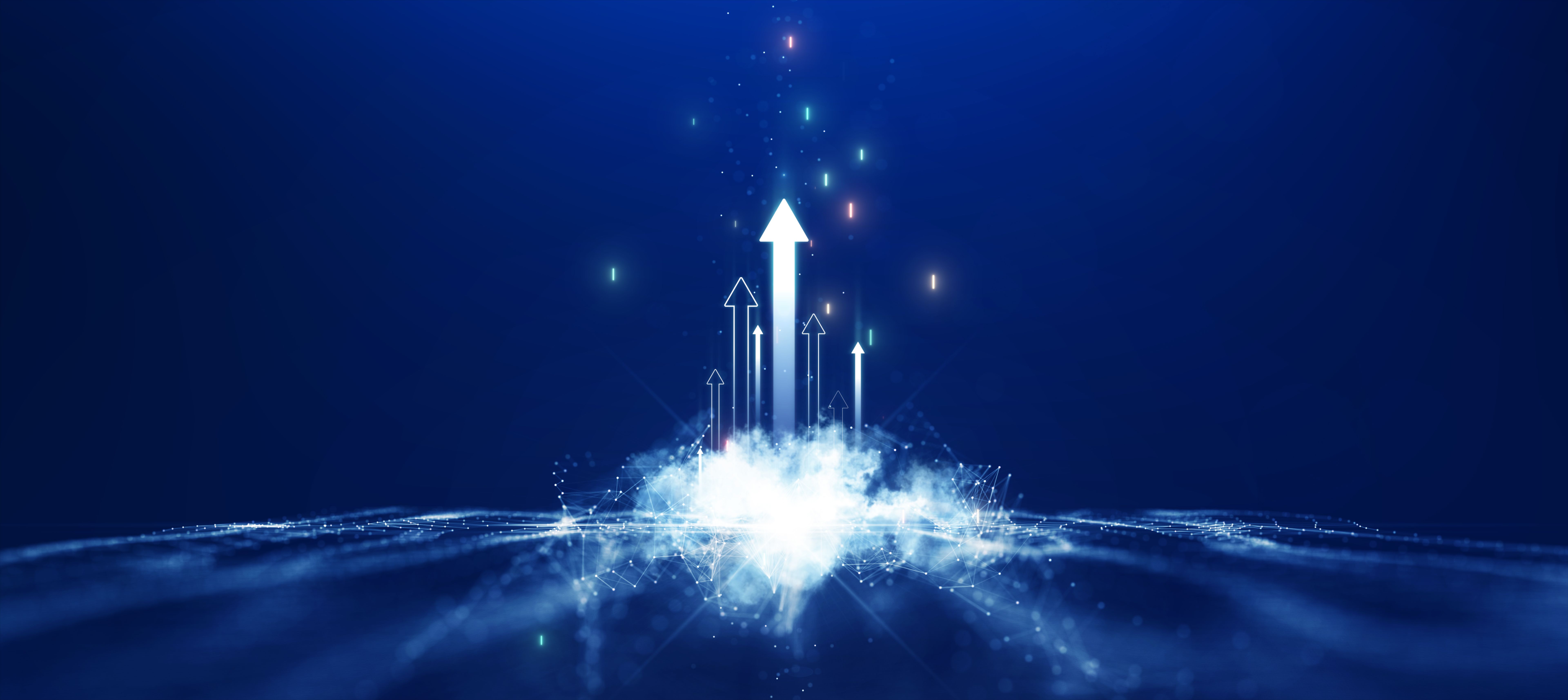 Arrow startup Cloud or smoke connection polygons on dark blue background. Technology concept economic growth business investment finance banking.