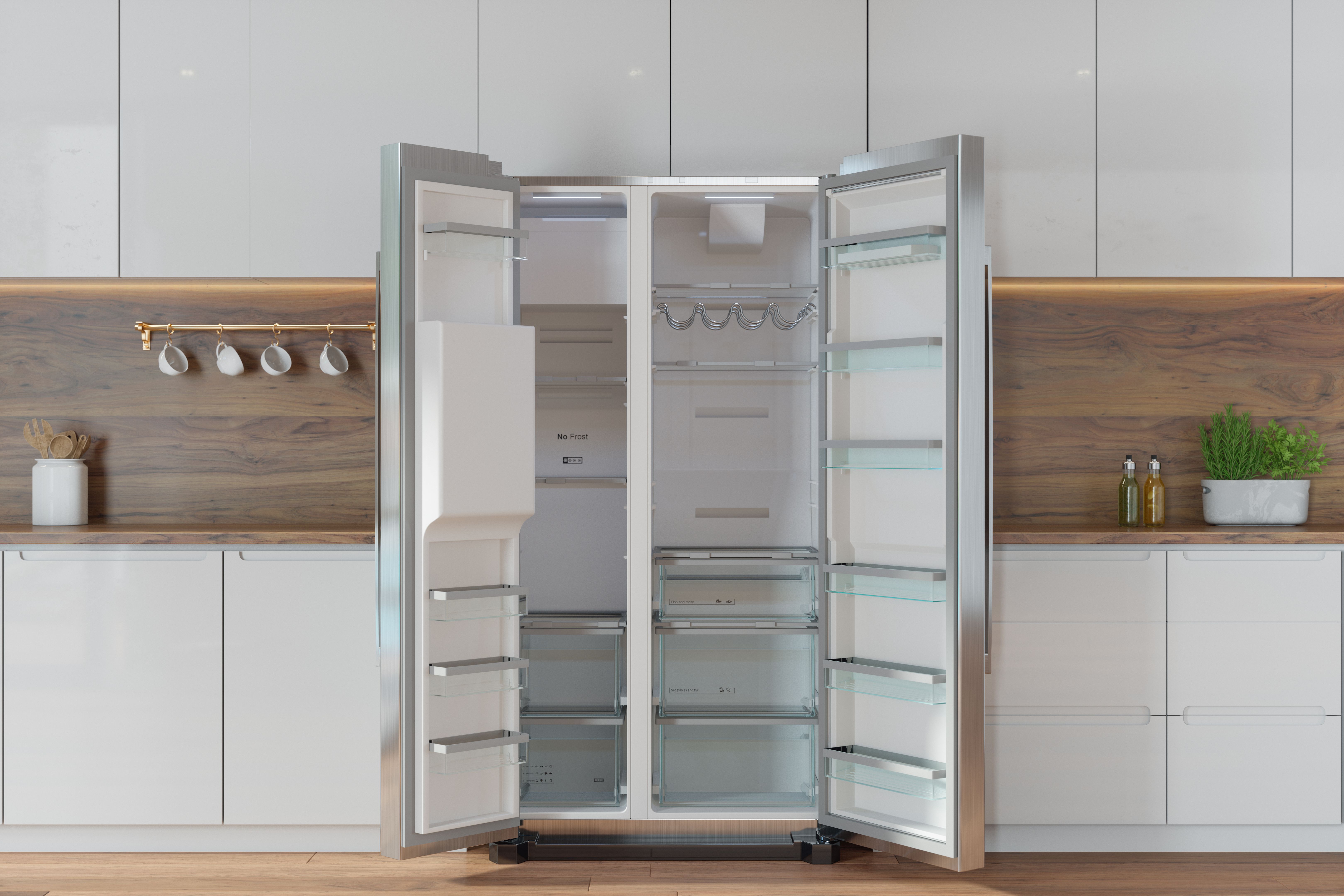 Modern Kitchen Interior With Front View Of White Cabinets And Open Refrigerator