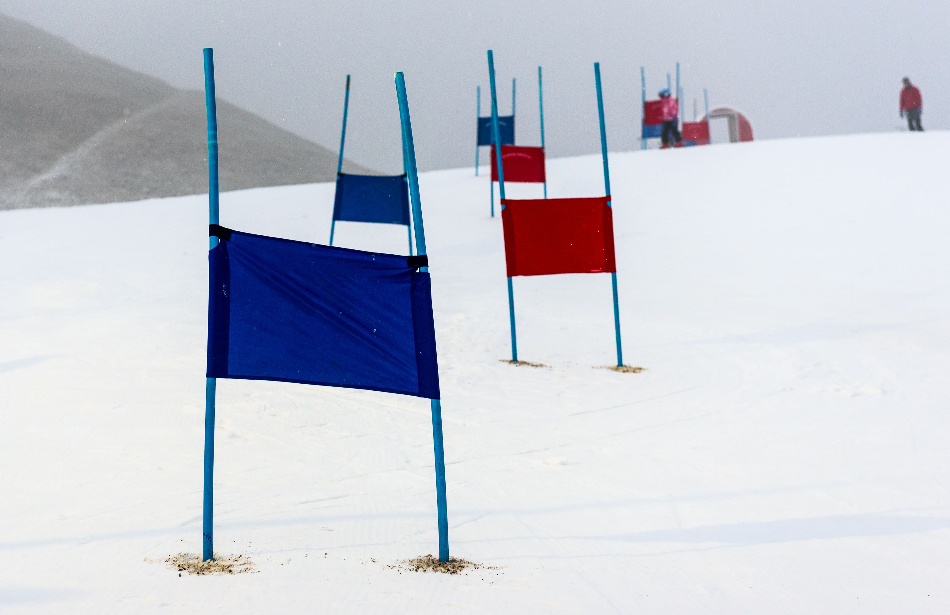Children skiing slalom racing track with blue and red gates.