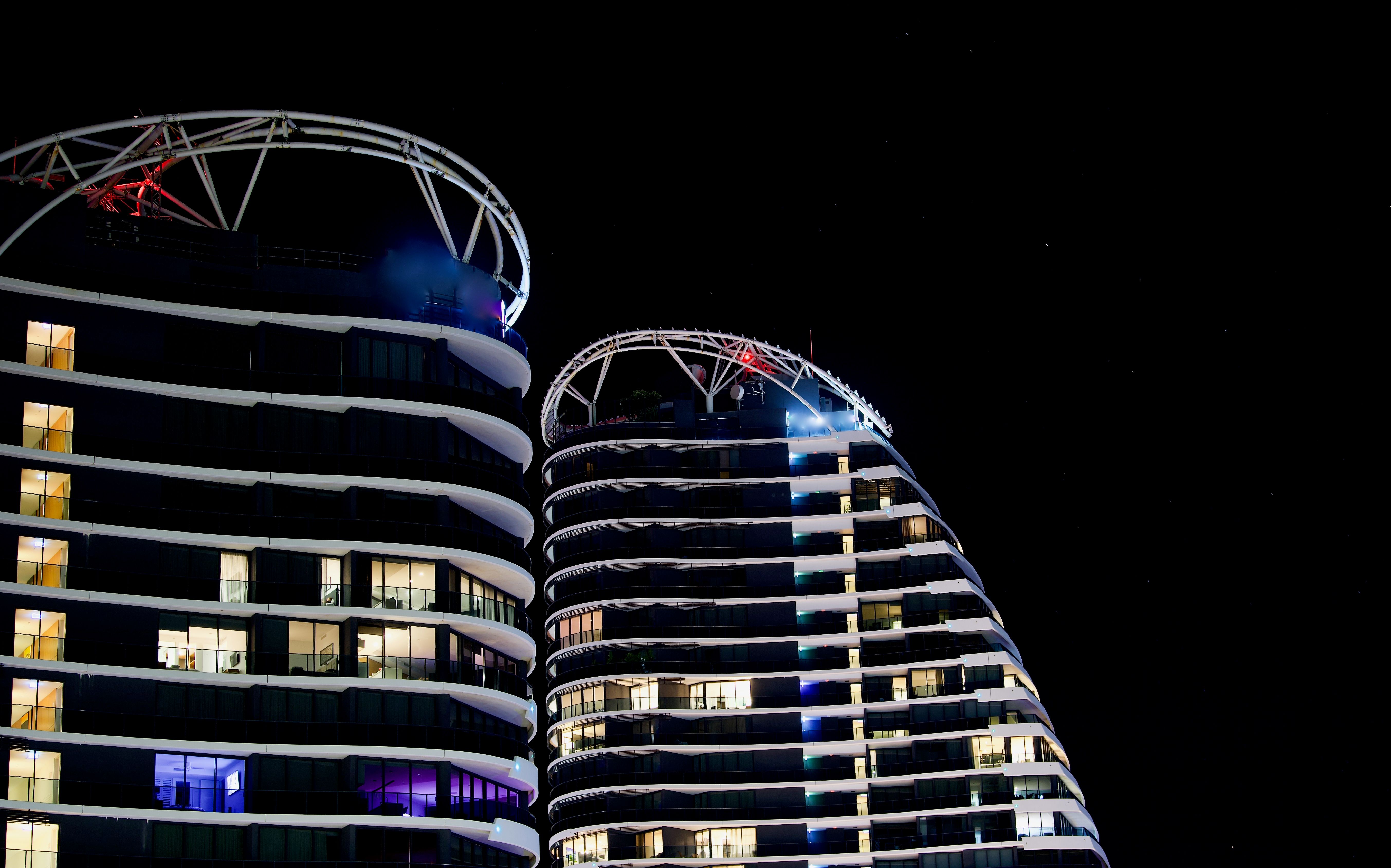 Mico star trails in the sky and towers in night view, Broadbeach, Gold Coast Mico star trails in the sky and towers in night view, Broadbeach, Gold Coast