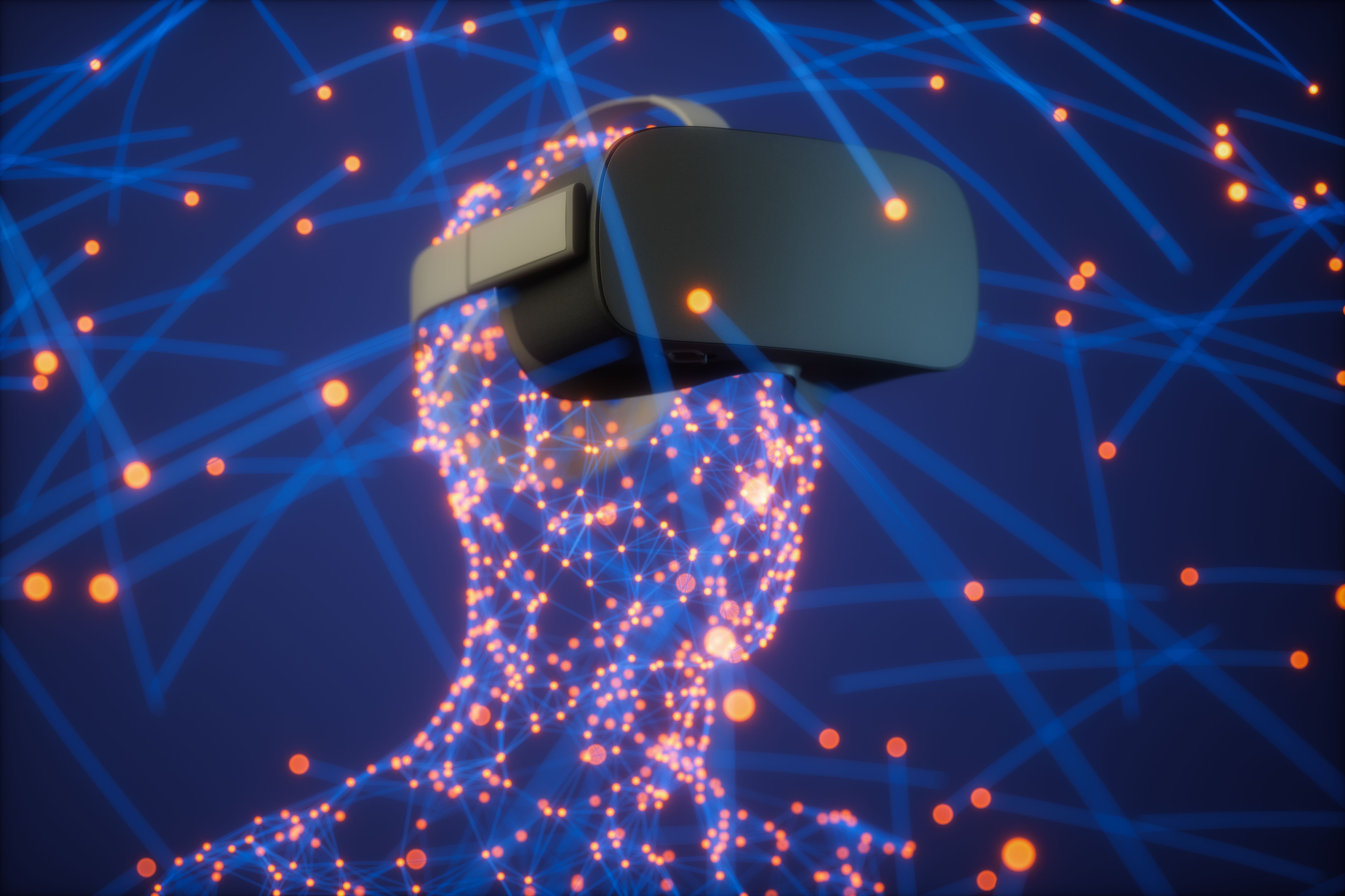 3D Plexus Man With Red Connection Dots Wearing VR Glasses. Metaverse And VR Concept. 3D Plexus Man With Red Connection Dots Wearing VR Glasses. Metaverse And VR Concept.