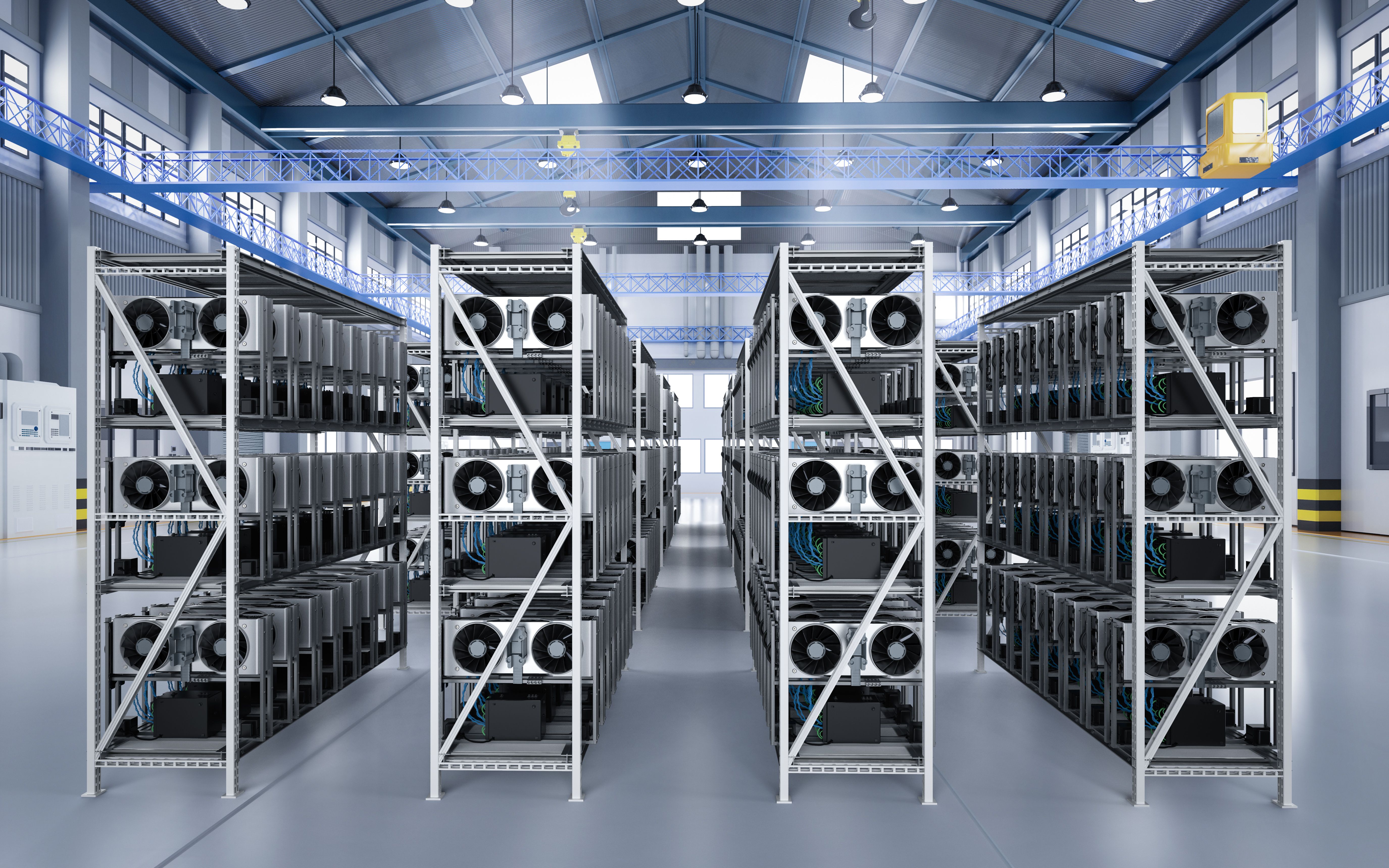 crypto mining farm with graphic card or gpu rack in warehouse