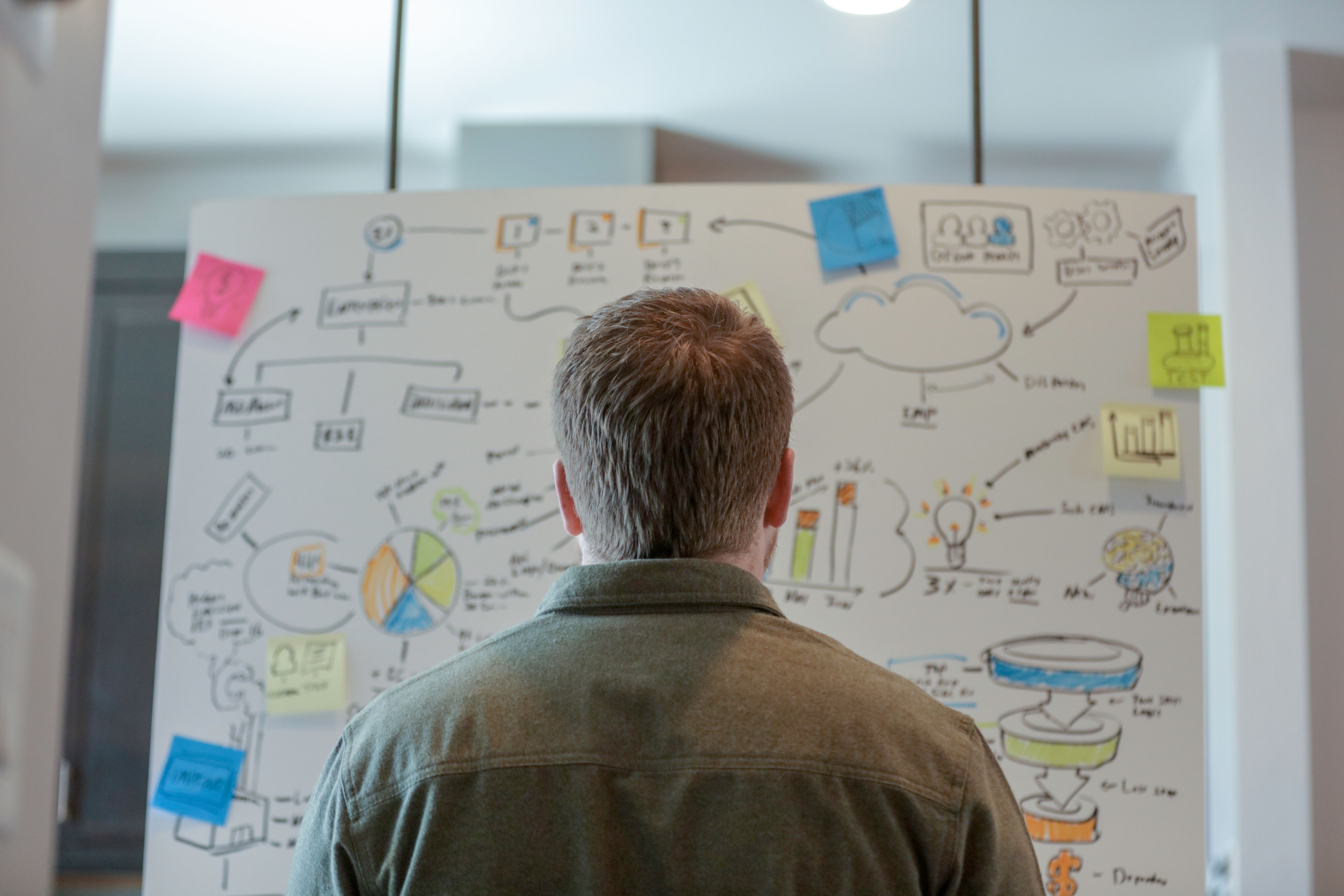 Man sketching a business plan on a large board in office