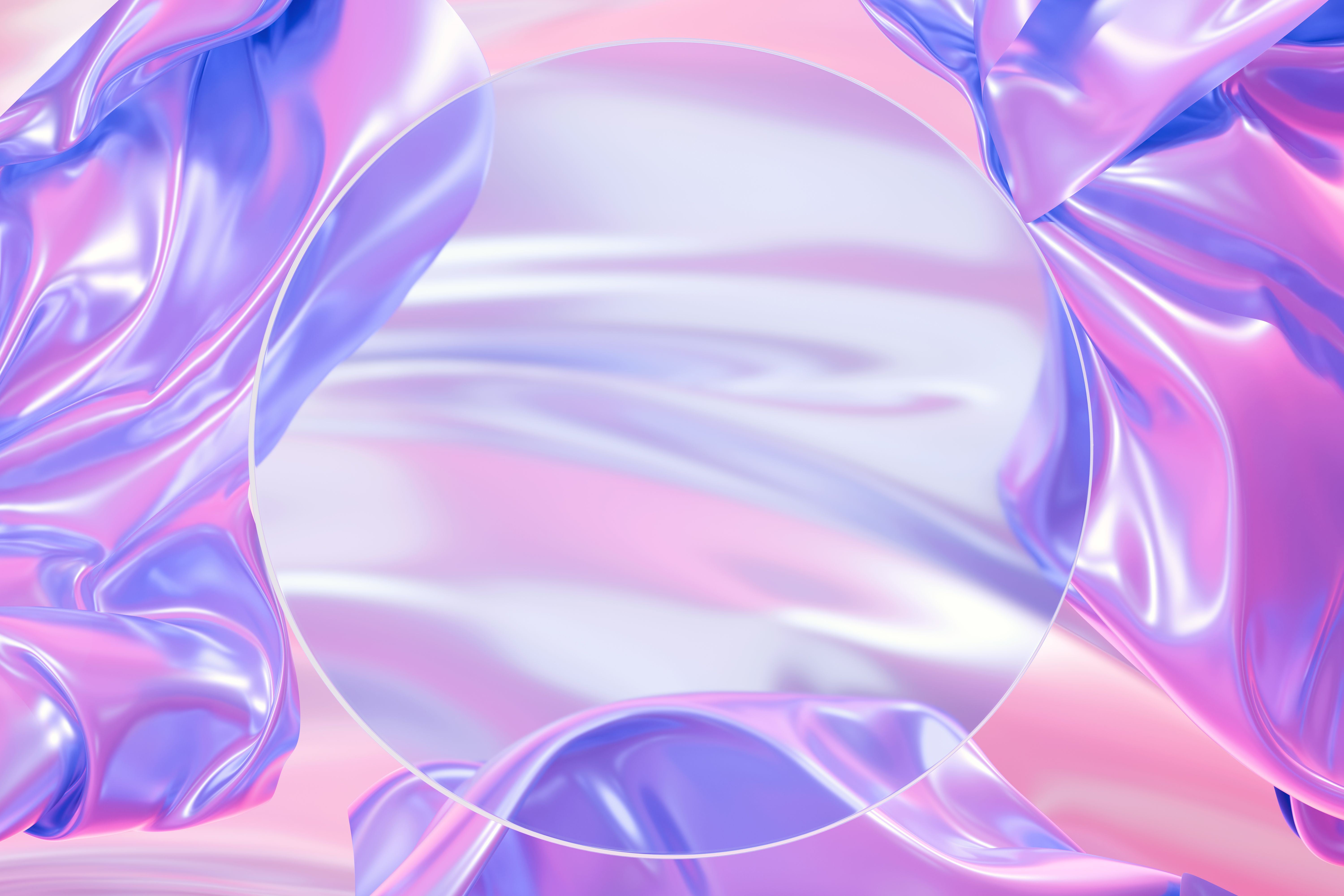 Elegant 3D abstract background with soft, iridescent fabric in pink, purple, and blue hues. A circular transparent frame creates space for text. Luxurious, modern, and dreamy composition. Elegant 3D abstract background with soft, iridescent fabric in pink, purple, and blue hues. A circular transparent frame creates space for text. Luxurious, modern, and dreamy composition.