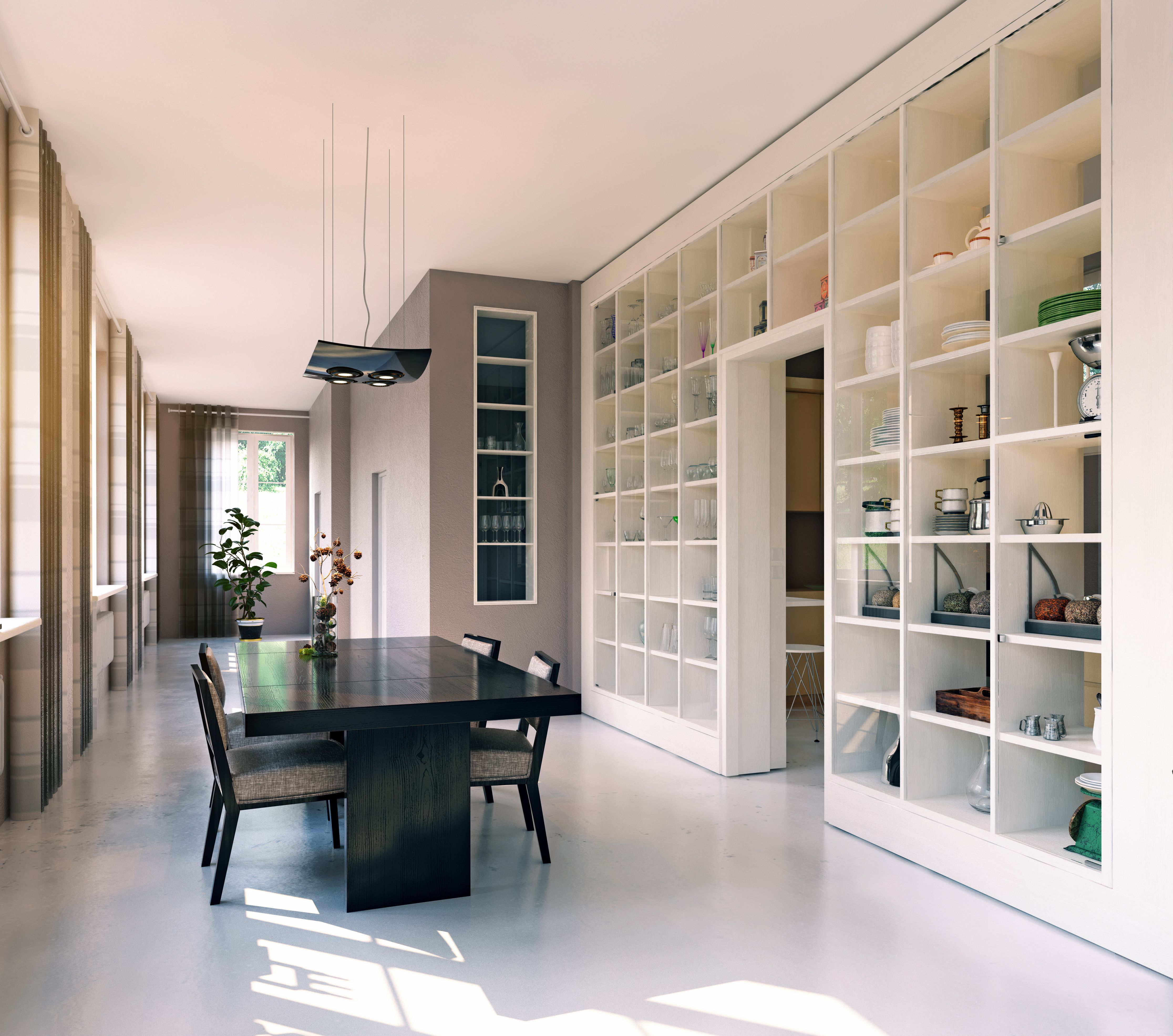 Modern dining room with a large built-in shelving unit. Luxury home interior with contemporary furniture and design. 3D rendering of a spacious living area. Modern dining room with a large built-in shelving unit. Luxury home interior with contemporary furniture and design. 3D rendering of a spacious living area.