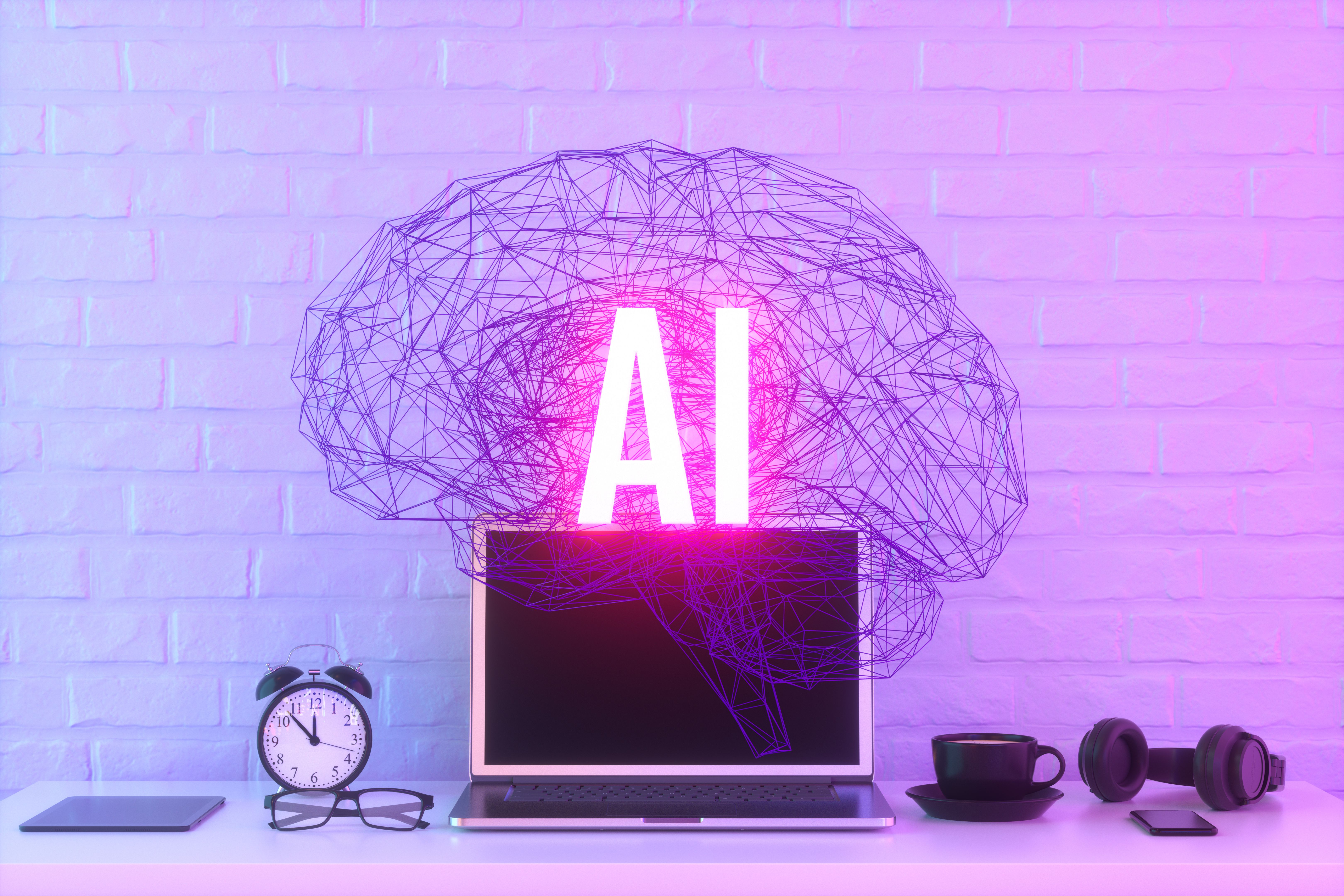 Brain artificial intelligence concept neon lighting desktop with laptop Brain artificial intelligence concept neon lighting desktop with laptop