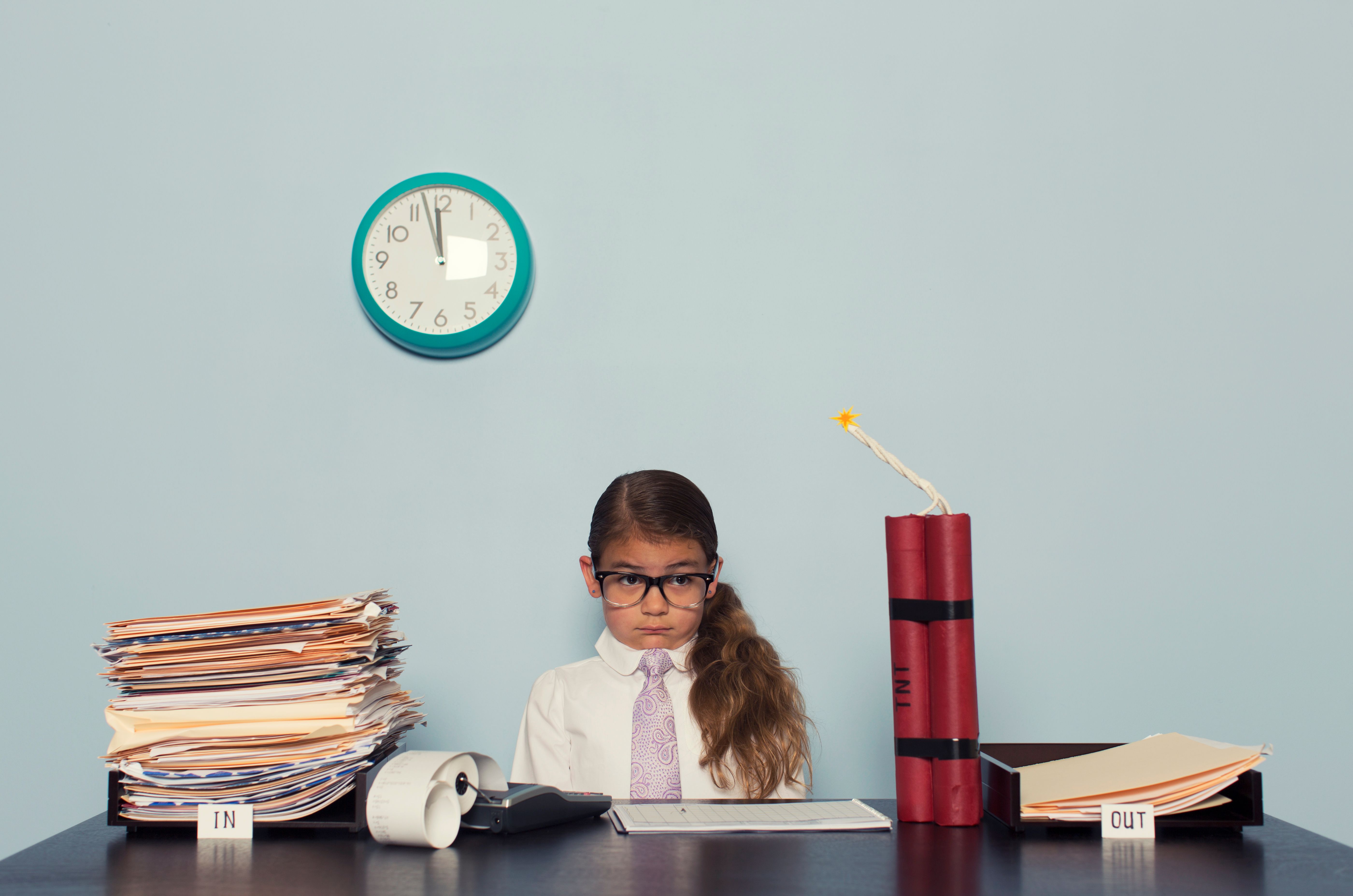 Business Girl Wearing Tie is Scared of Her Deadline