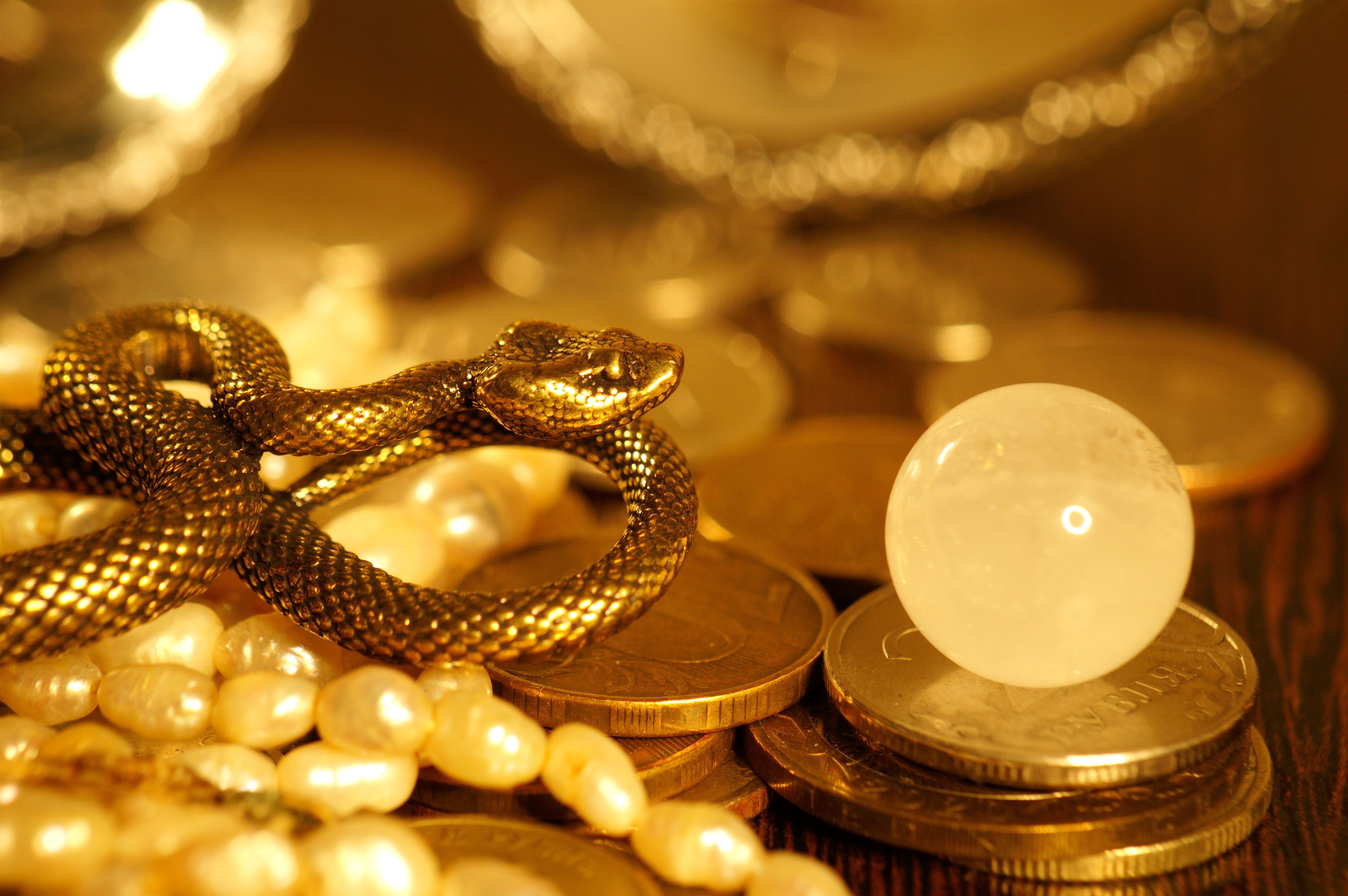 A snake statuette with coins.