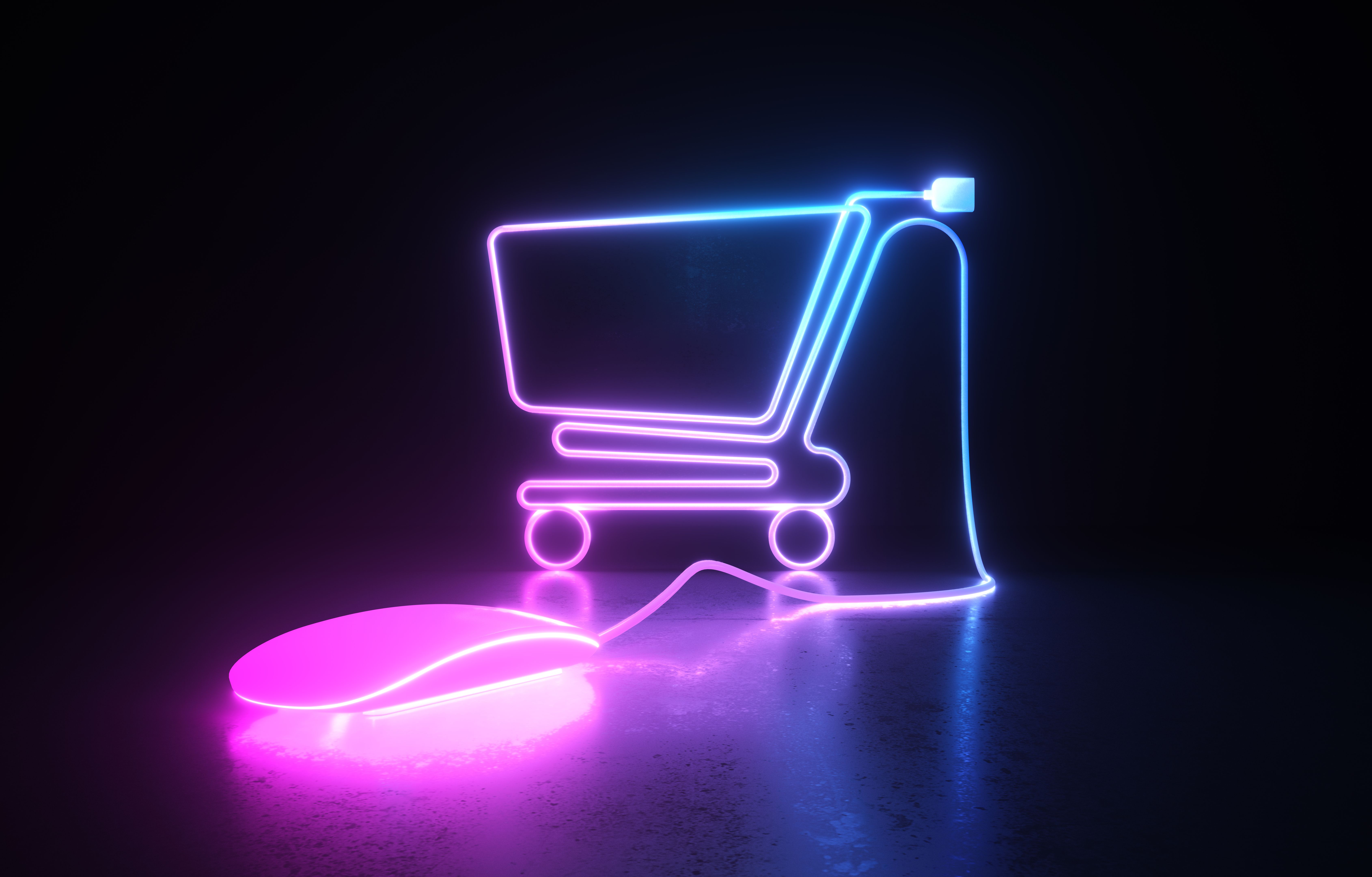 Neon Shopping Cart Symbol  And Computer Mouse On Black Background