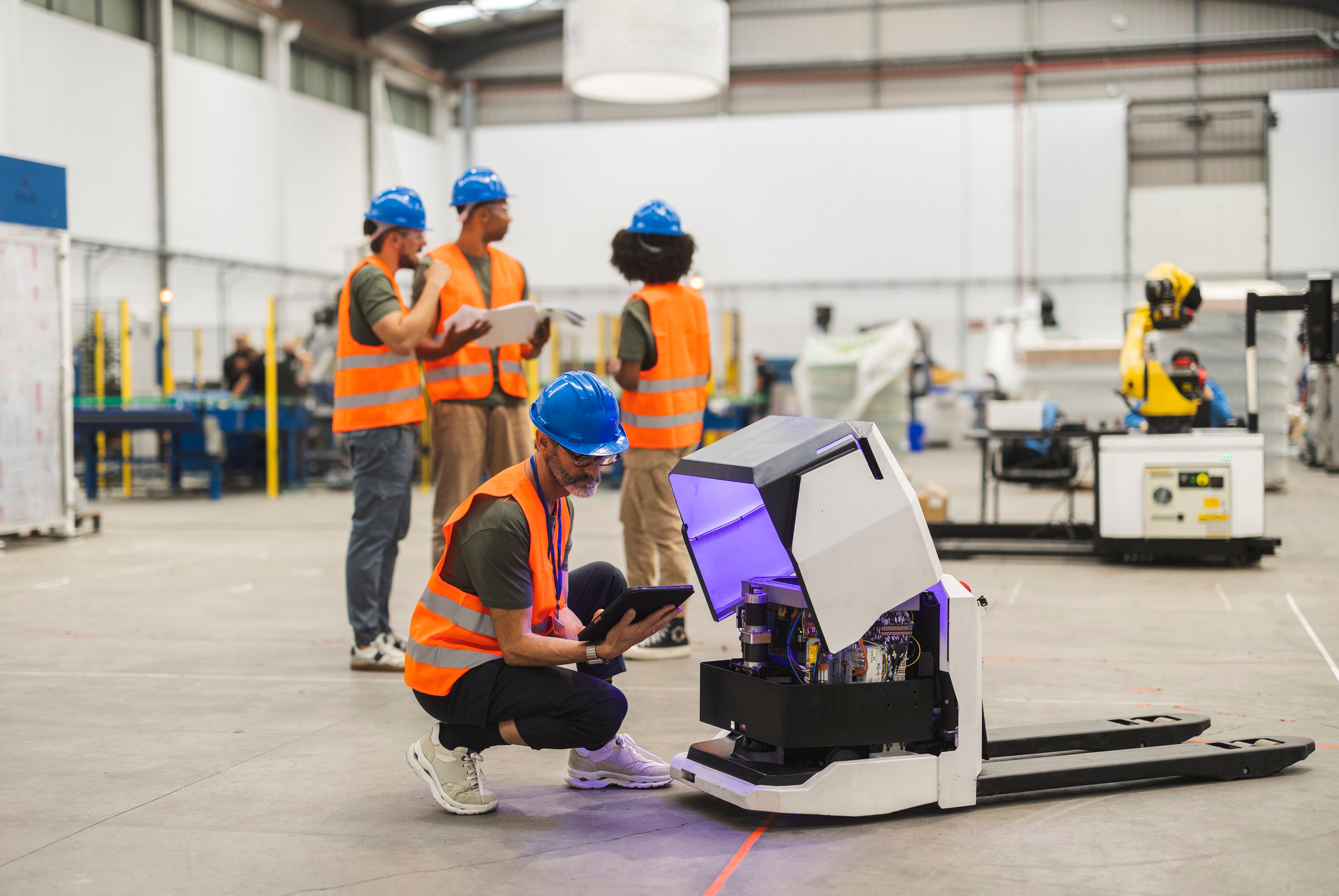 Engineers maintaining automated guided vehicle in modern factory