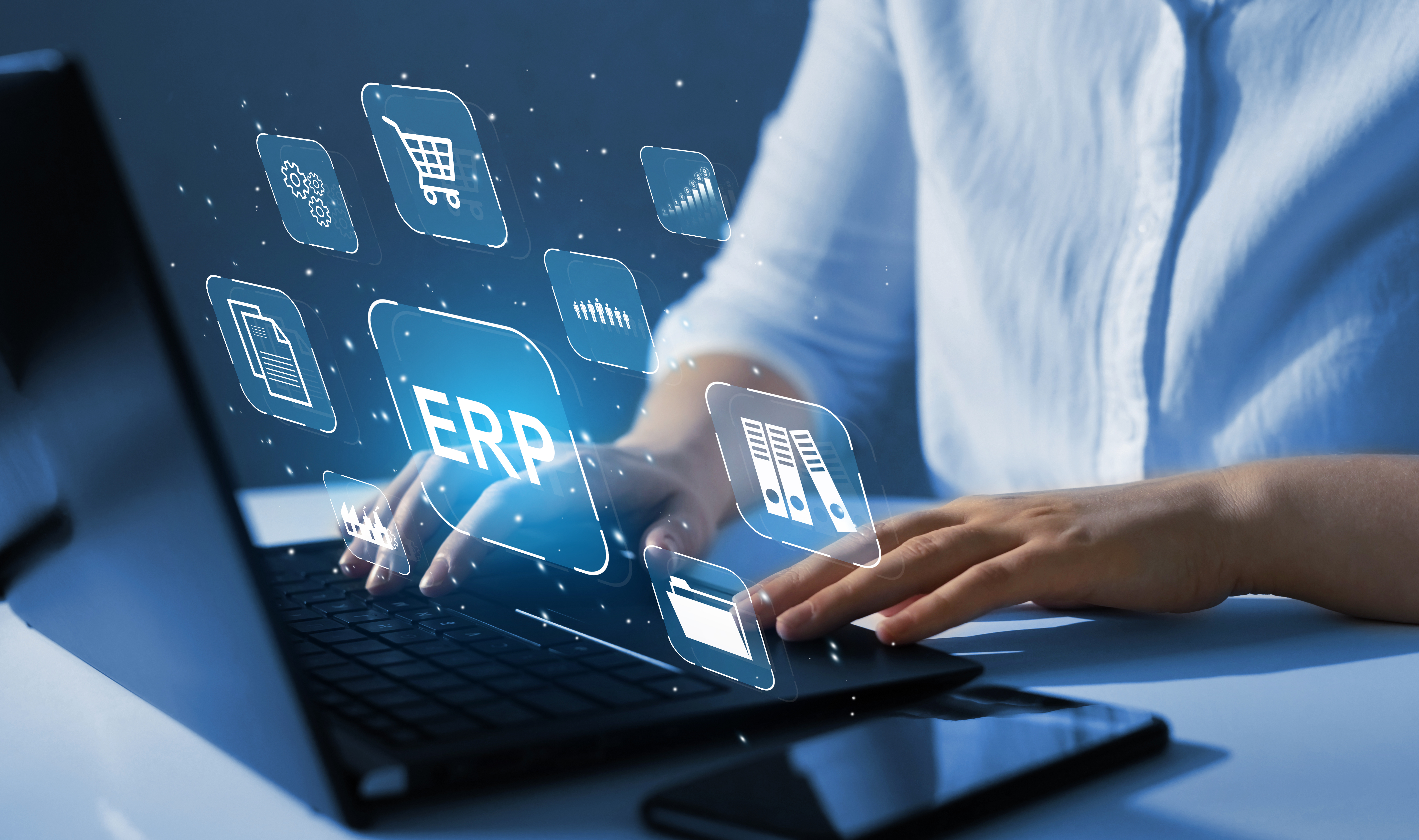 Enterprise Resource Planning or ERP concept. Businesswoman working at laptop computer with icons on digital virtual screen.Document management system.