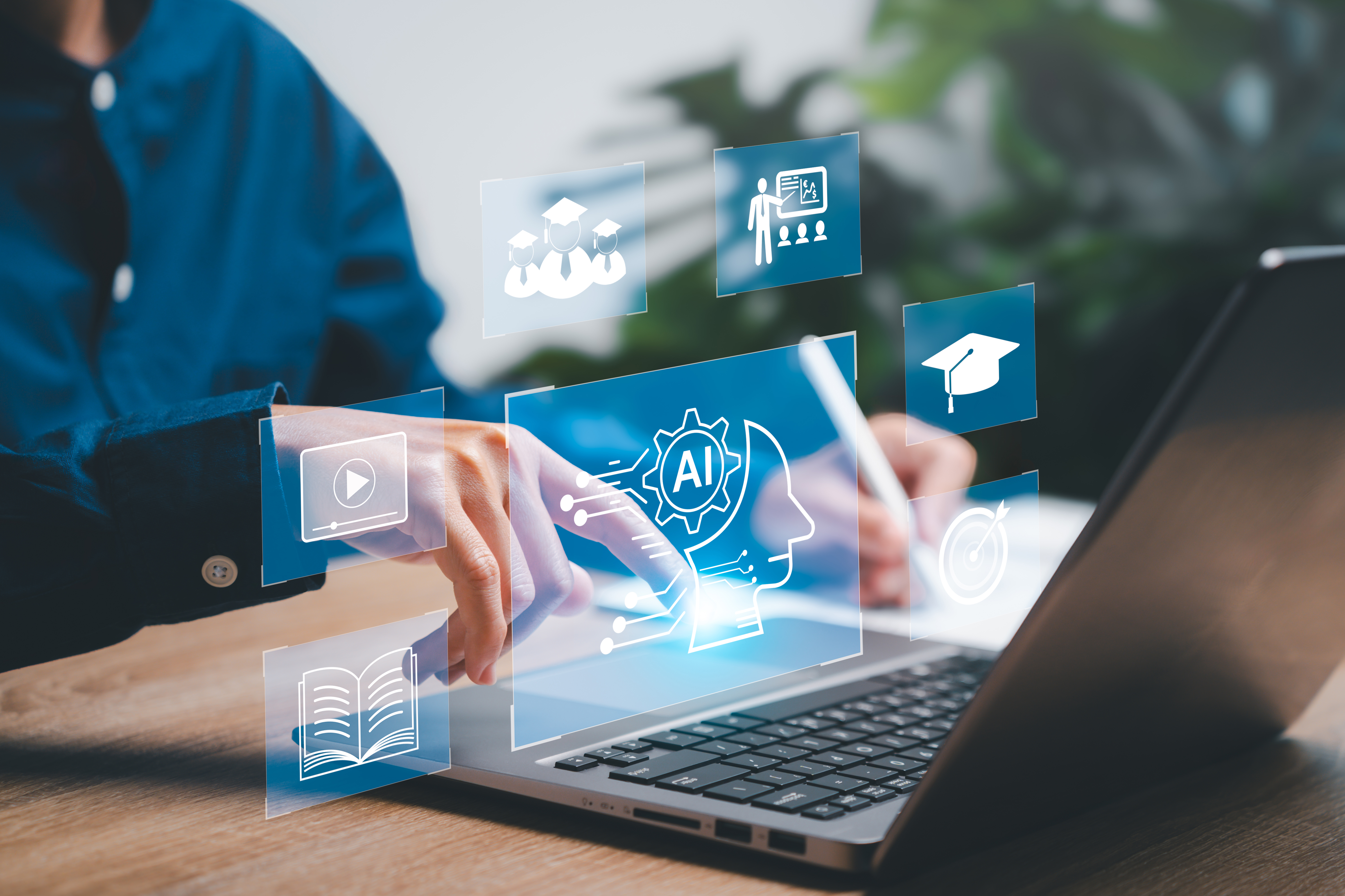 Education technology and AI Artificial Intelligence concept, Women use laptops, Learn lessons and online webinars successfully in modern digital learning, Courses to develop new skills Education technology and AI Artificial Intelligence concept, Women use laptops, Learn lessons and online webinars successfully in modern digital learning, Courses to develop new skills