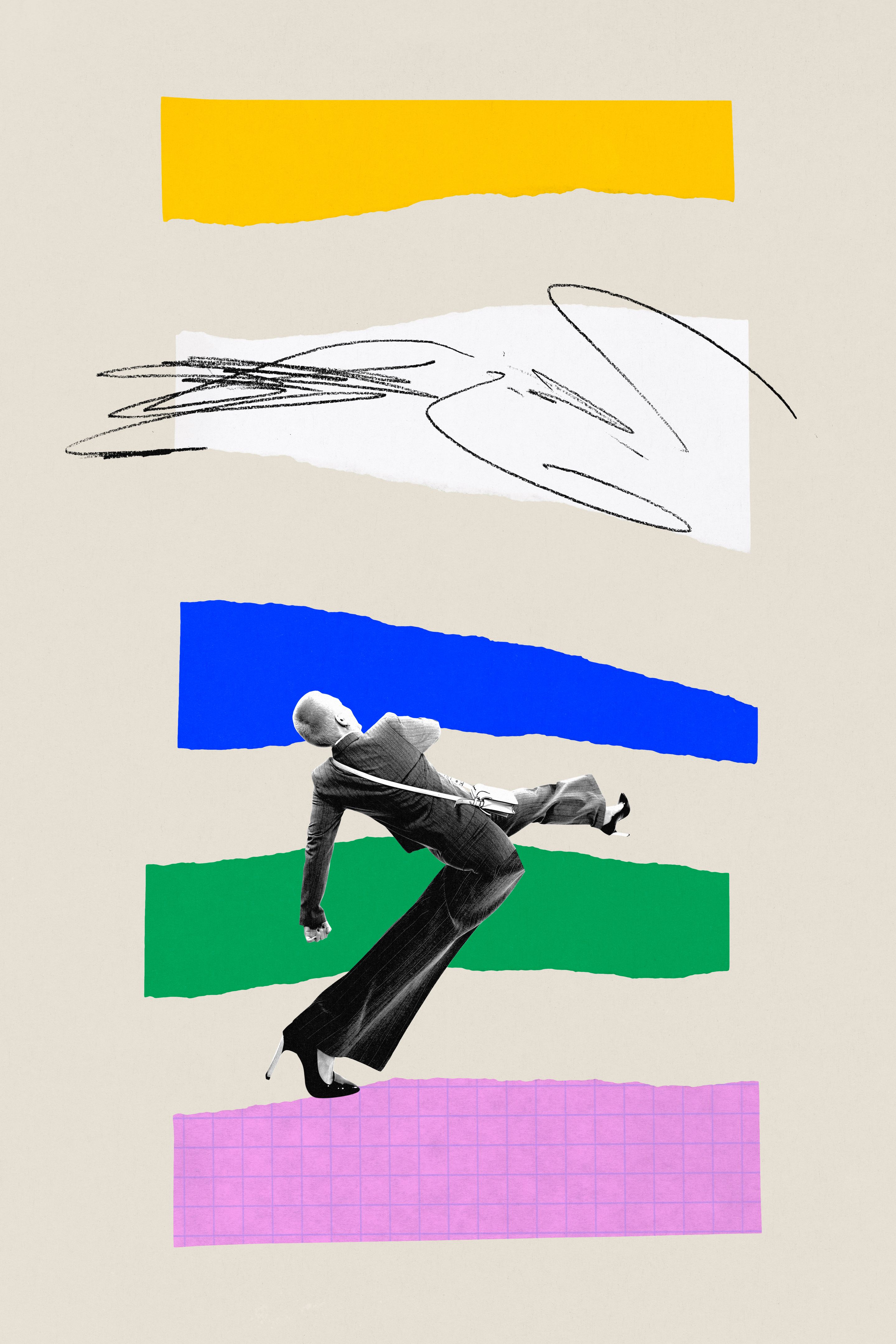 Ambitious and confident woman, employee moving forward to professional growth and success. Promotion. Contemporary art collage.