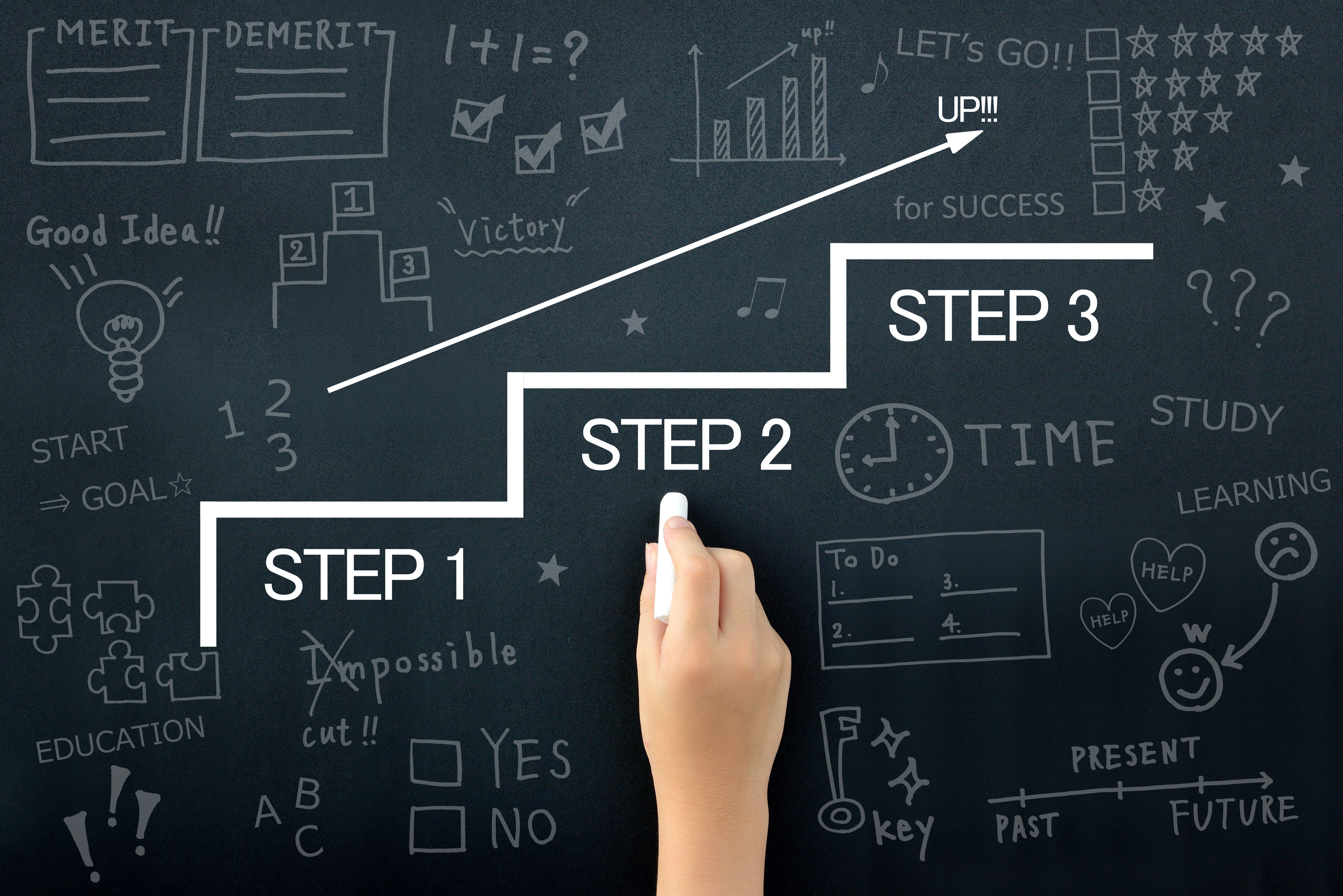 Child's hand drawing steps on blackboard Child's hand drawing steps on blackboard