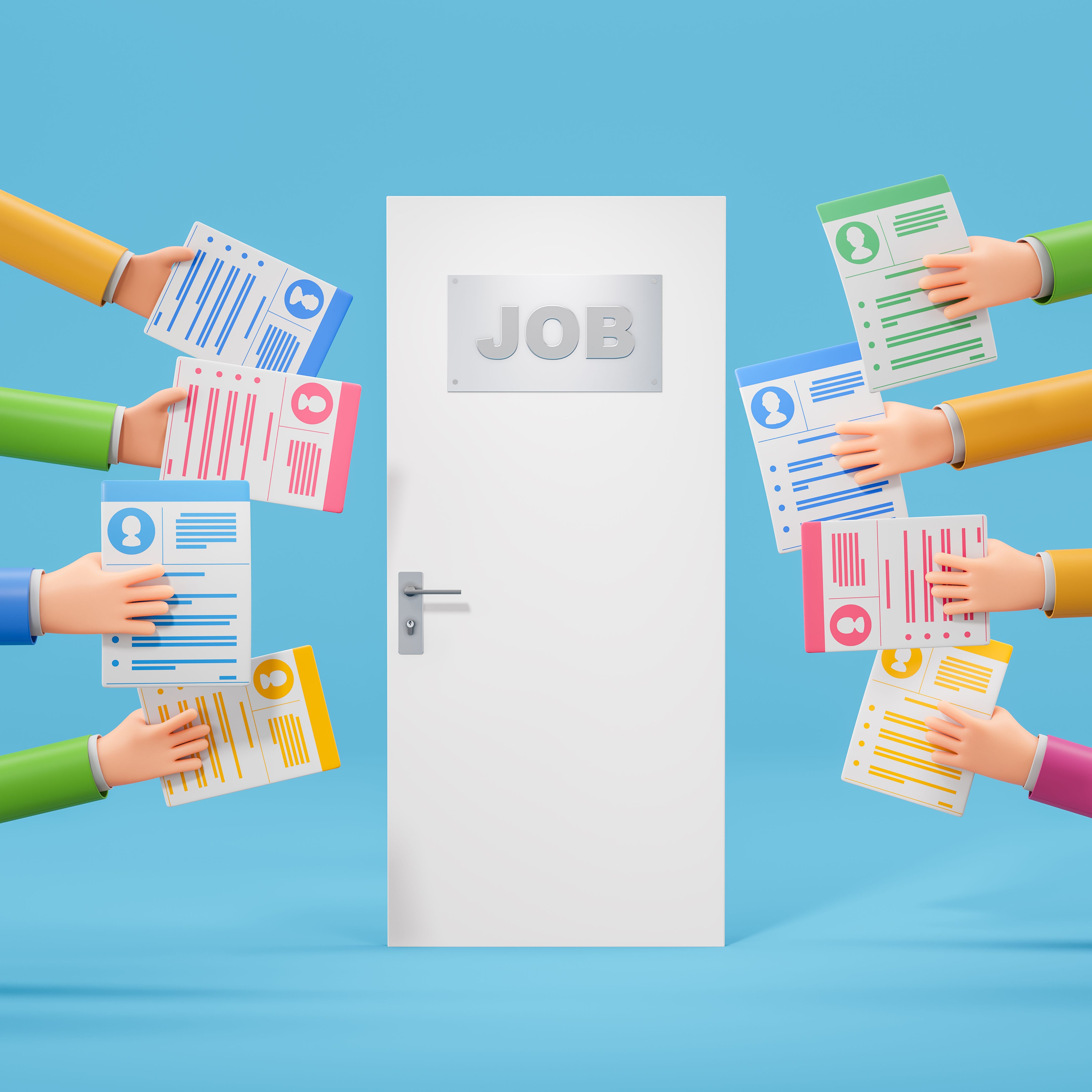 HR concept illustration with resumes and job application documents. 3D Rendering HR concept illustration with resumes and job application documents. 3D Rendering