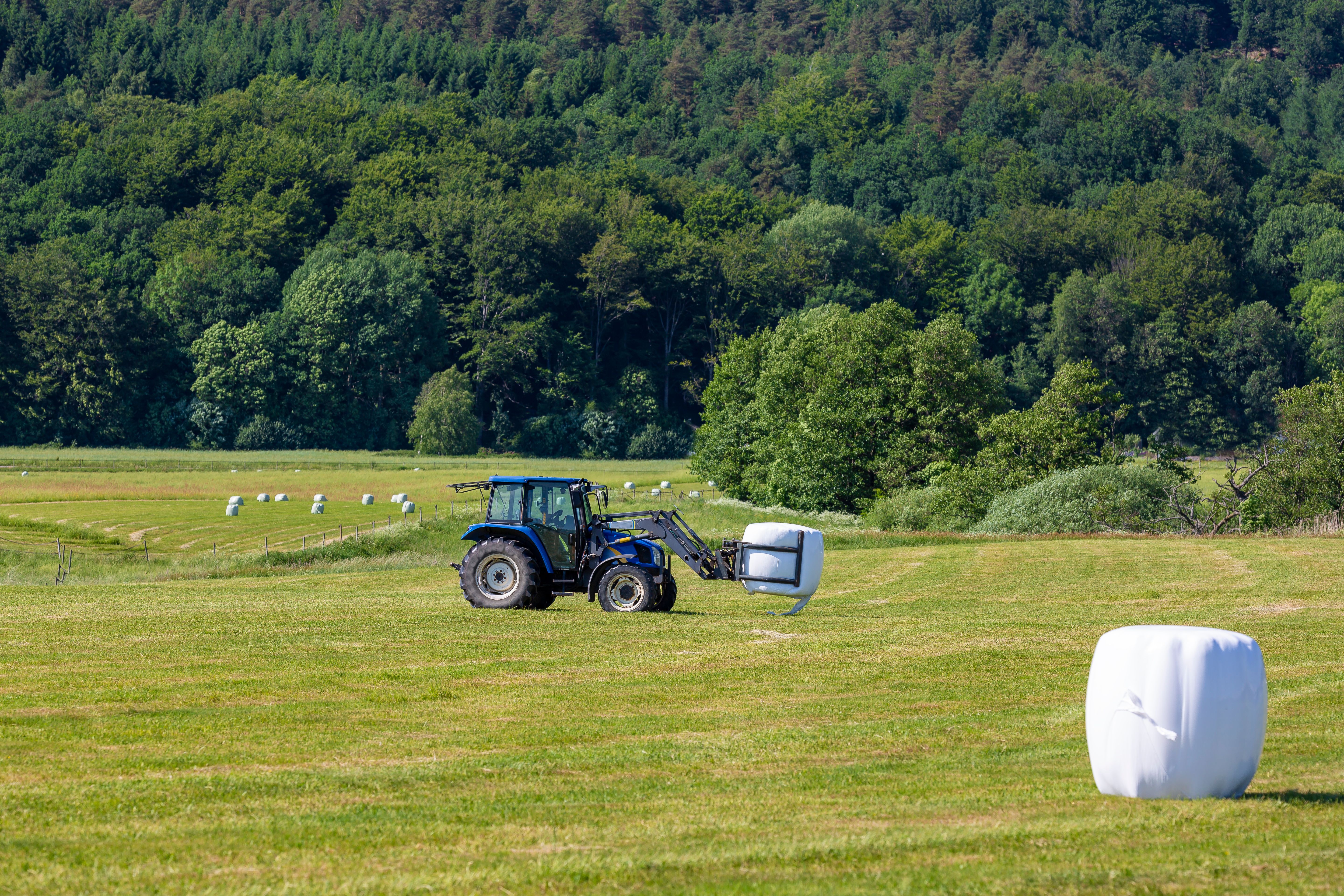 Tractor picking up silage ball