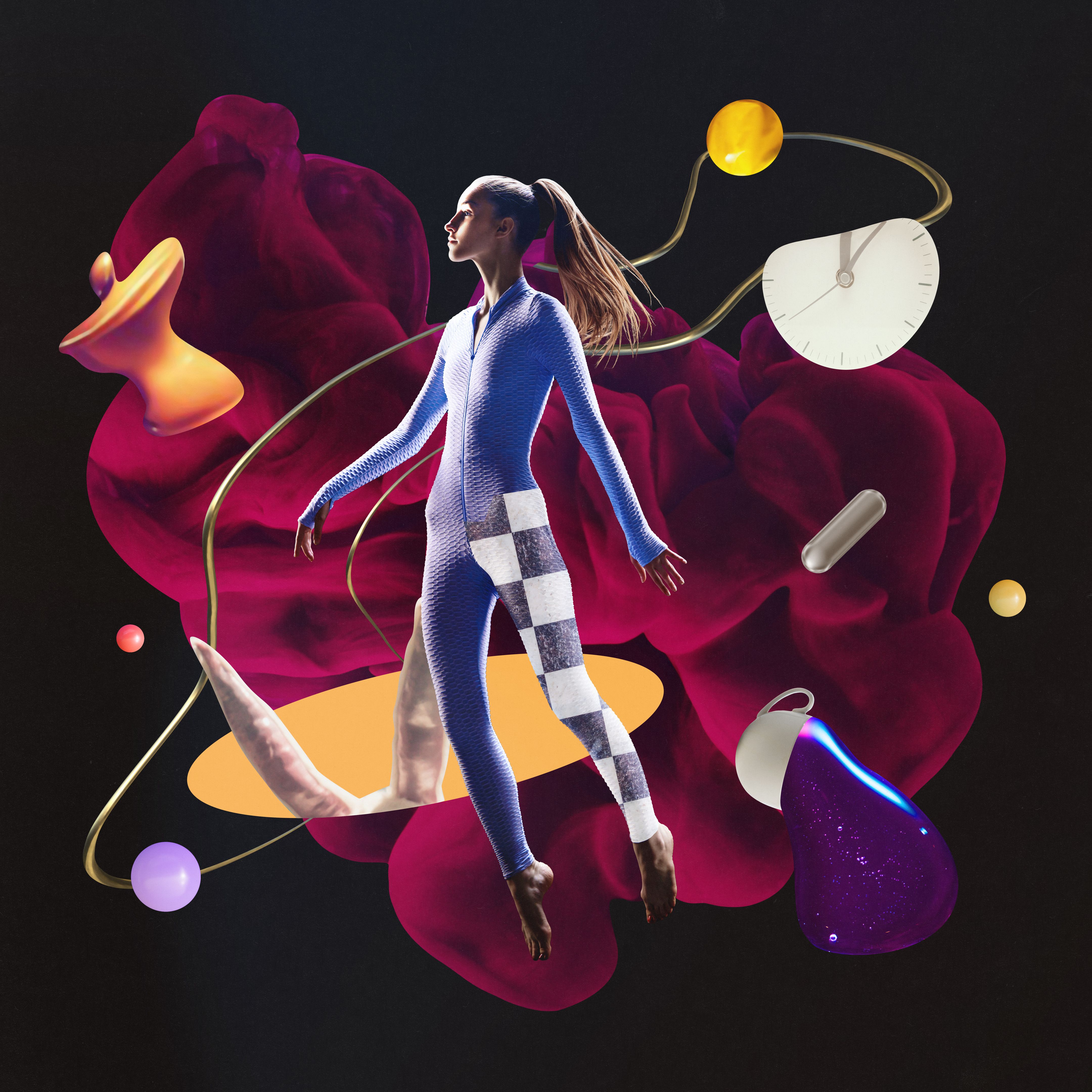 Beautiful futuristic space woman, girl in bodysuit levitating over dark mode background with abstract shapes. Cyberpunk female character Beautiful futuristic space woman, girl in bodysuit levitating over dark mode background with abstract shapes. Cyberpunk female character