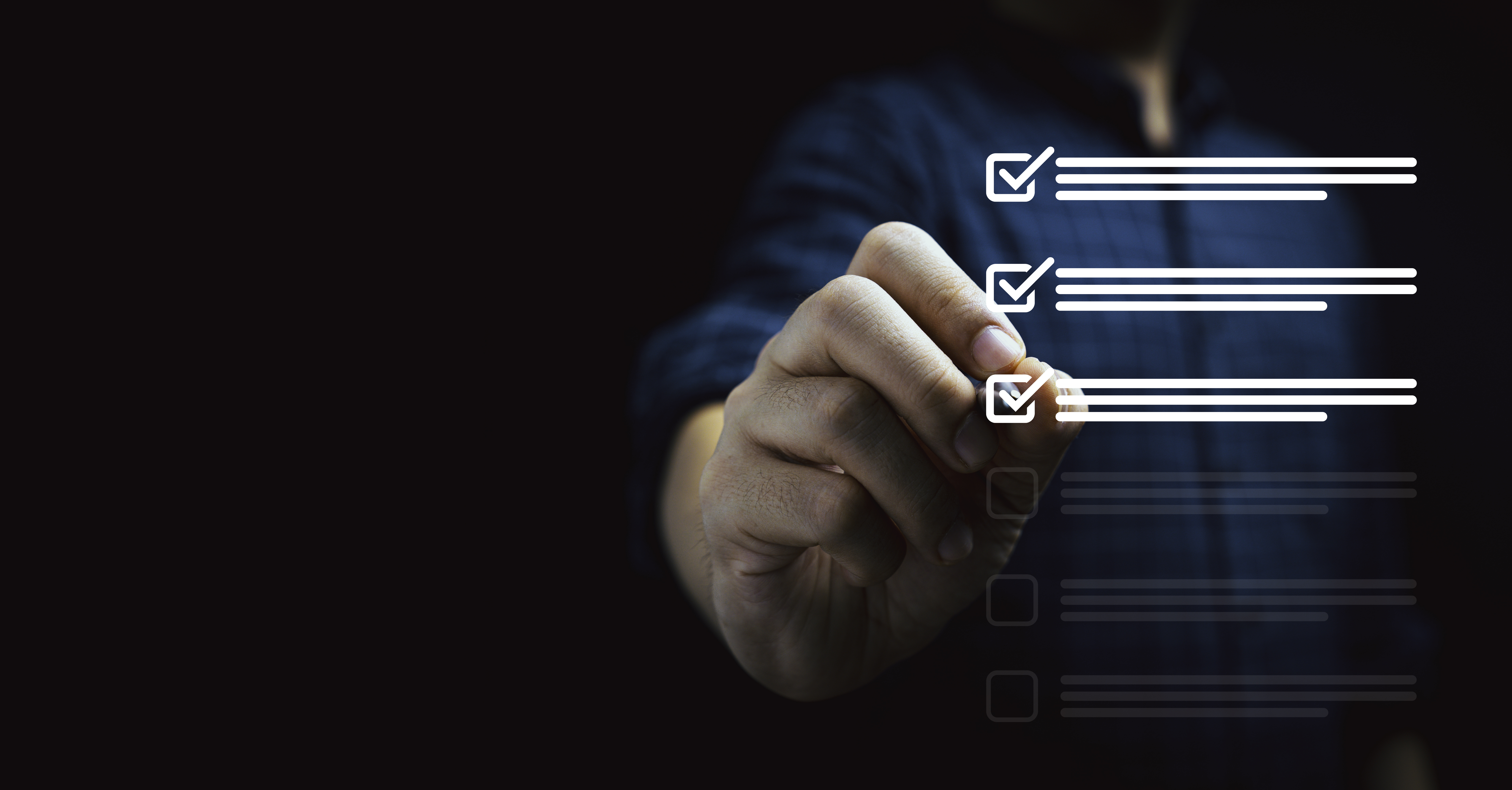 Businessman using pen to tick mark for check review and approve virtual document , Quality assurance and ISO concept.