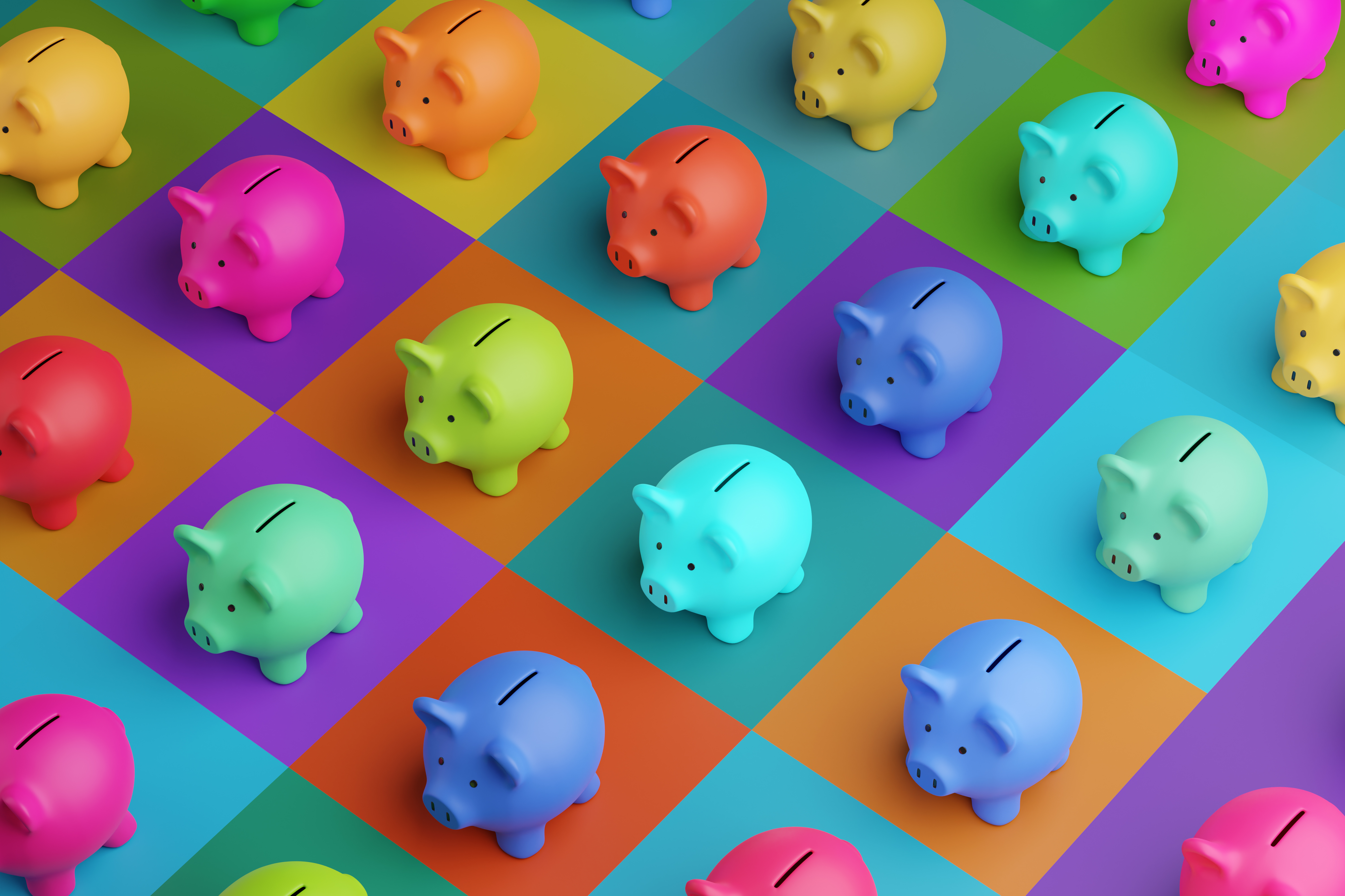 Array of piggy banks in saturated colours on high colour contrast background. Illustration of the concept of bank savings, financial investment and multiple sources of income Array of piggy banks in saturated colours on high colour contrast background. Illustration of the concept of bank savings, financial investment and multiple sources of income