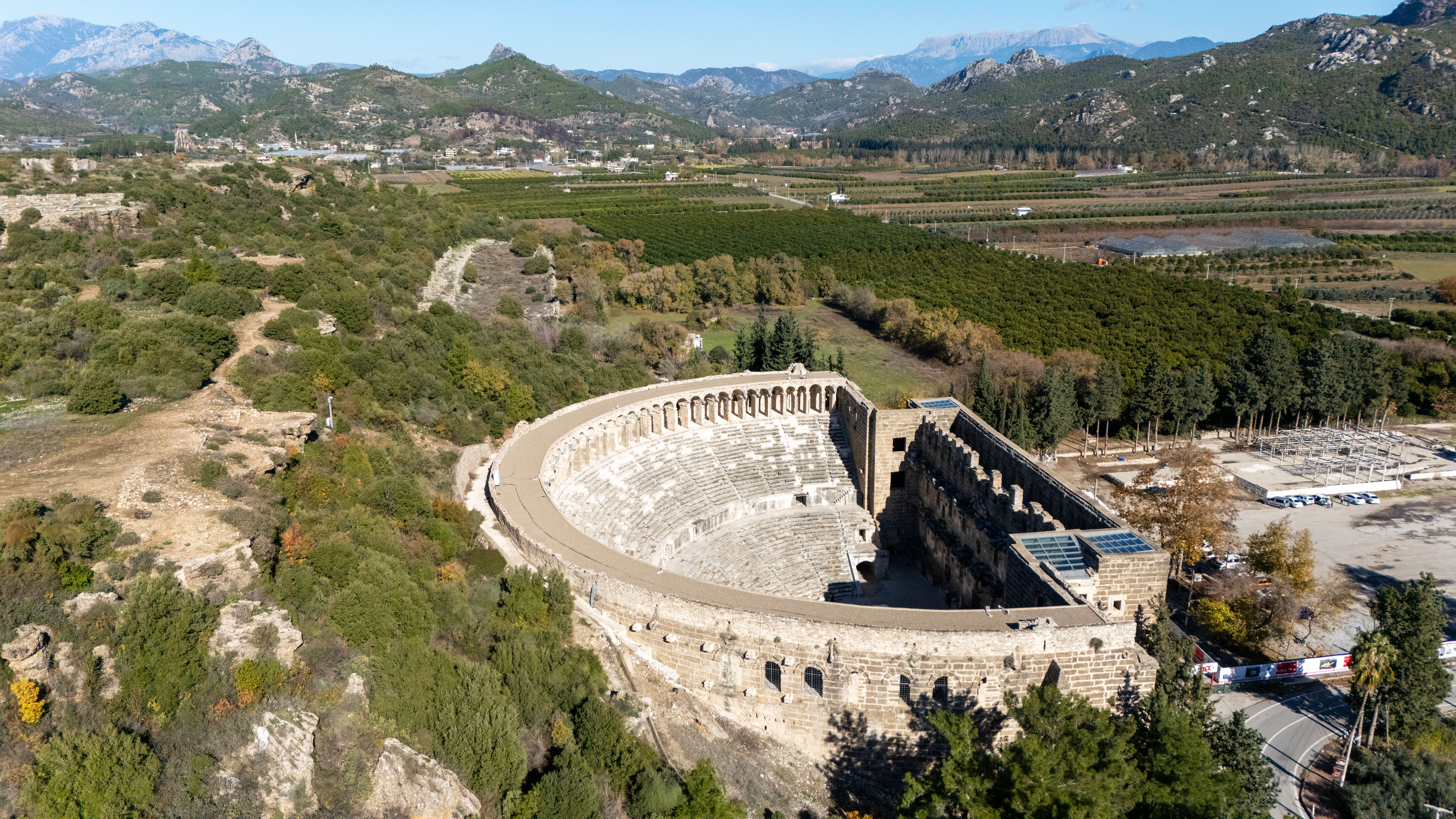 Aerial view of Antalya Aspendos Ancient City Amphitheater, Antalya, Turkiye