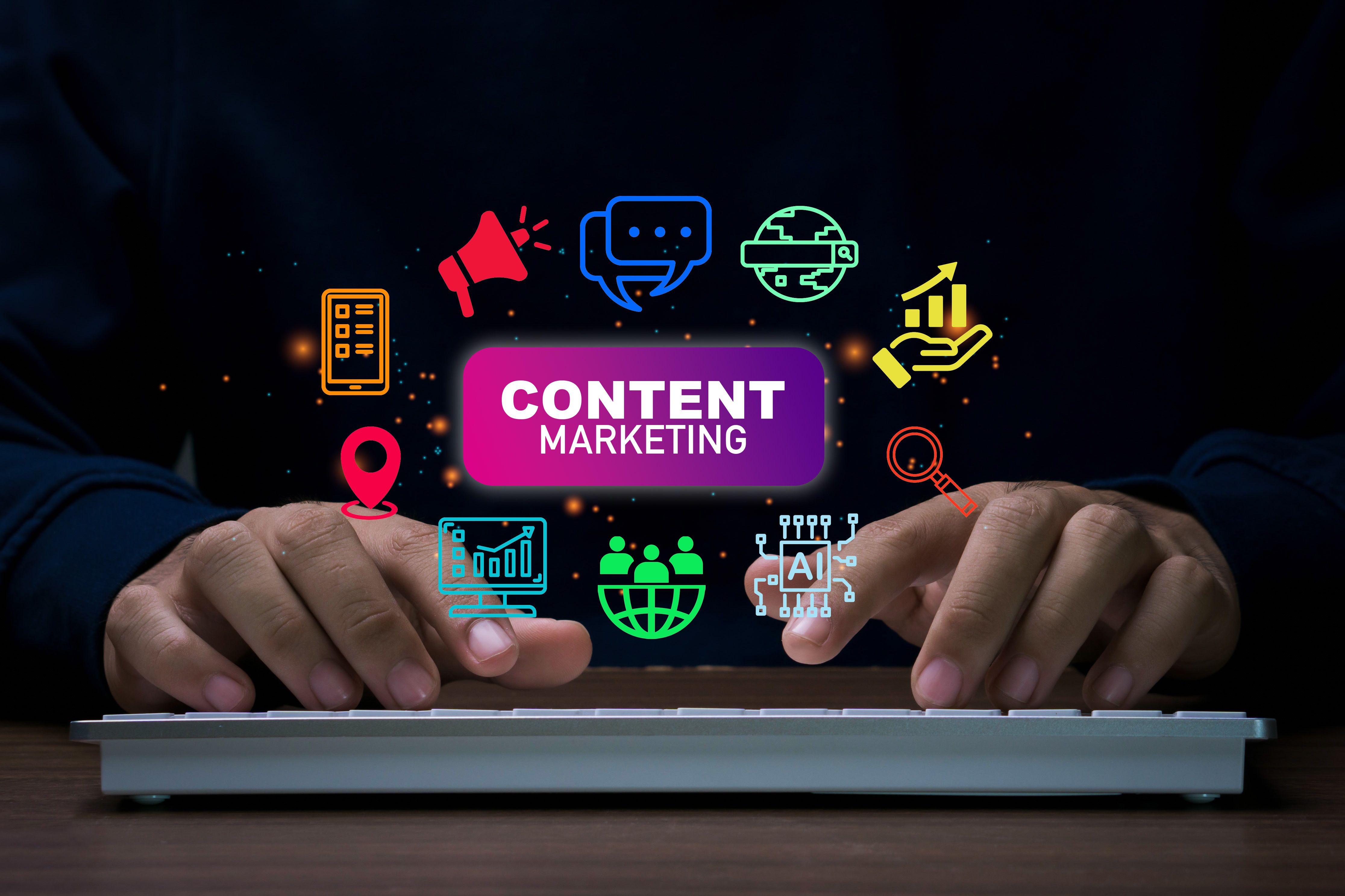 Content marketing concept. Content creator using computer for Containing seo, content, website, e-commerce, social media, AI, sales and online advertising, ads. Content marketing concept. Content creator using computer for Containing seo, content, website, e-commerce, social media, AI, sales and online advertising, ads.