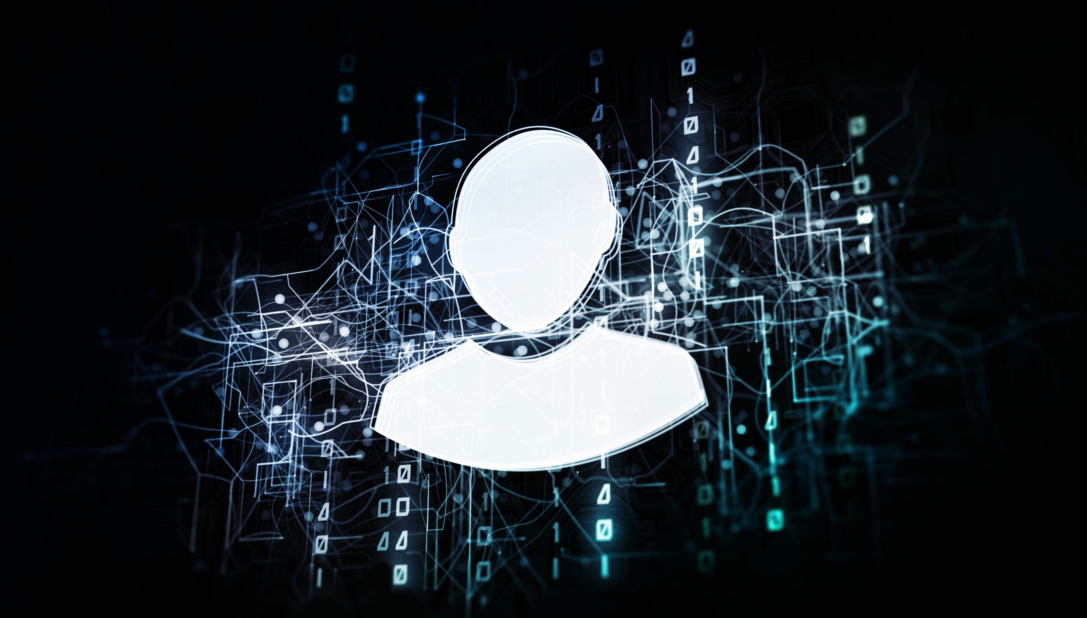 Male social profile in virtual cyberspace network with binary code