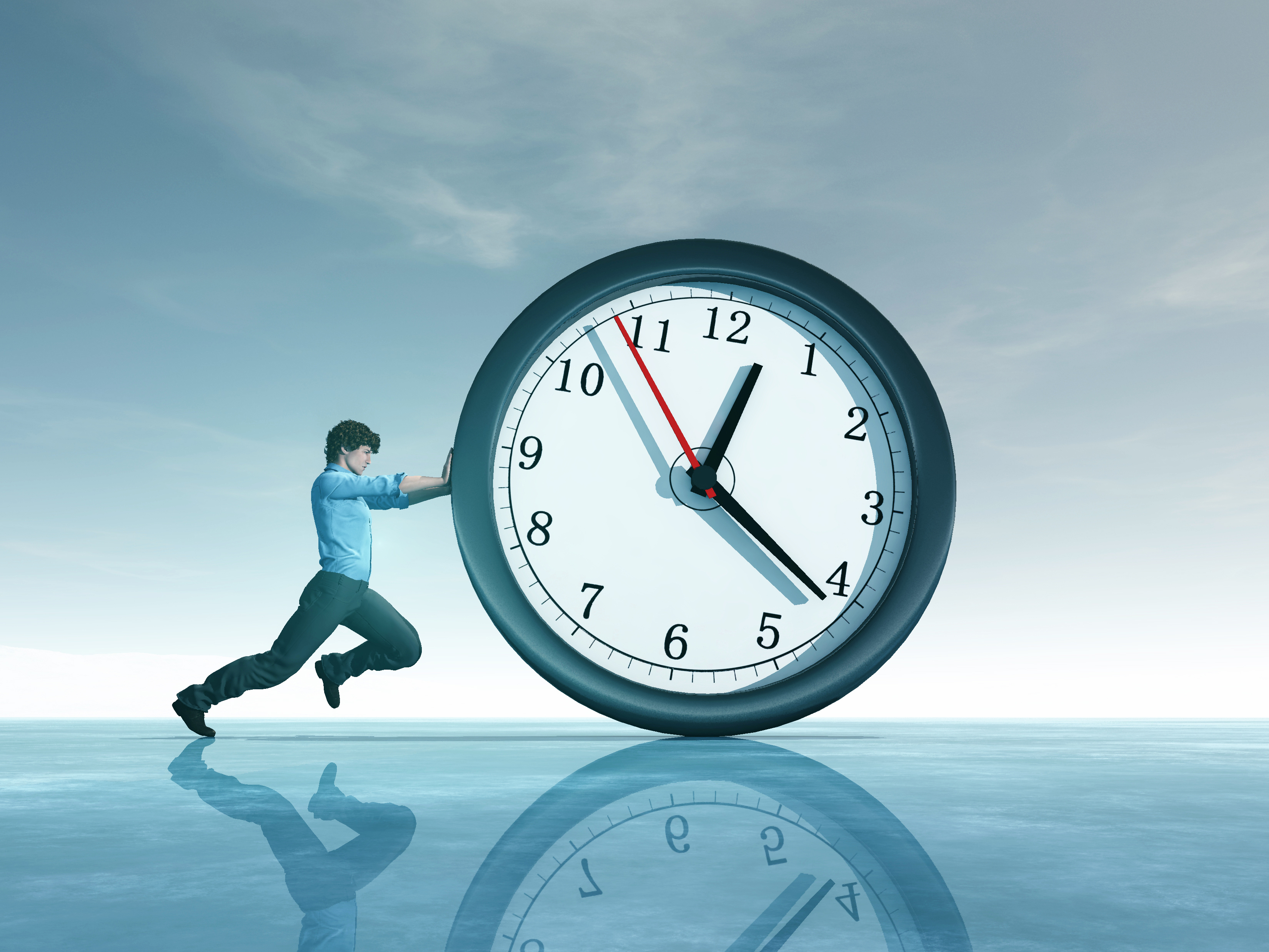 Man pushing a clock . Deadline and running out of time concept . This is a 3d render illustration . Man pushing a clock . Deadline and running out of time concept . This is a 3d render illustration .