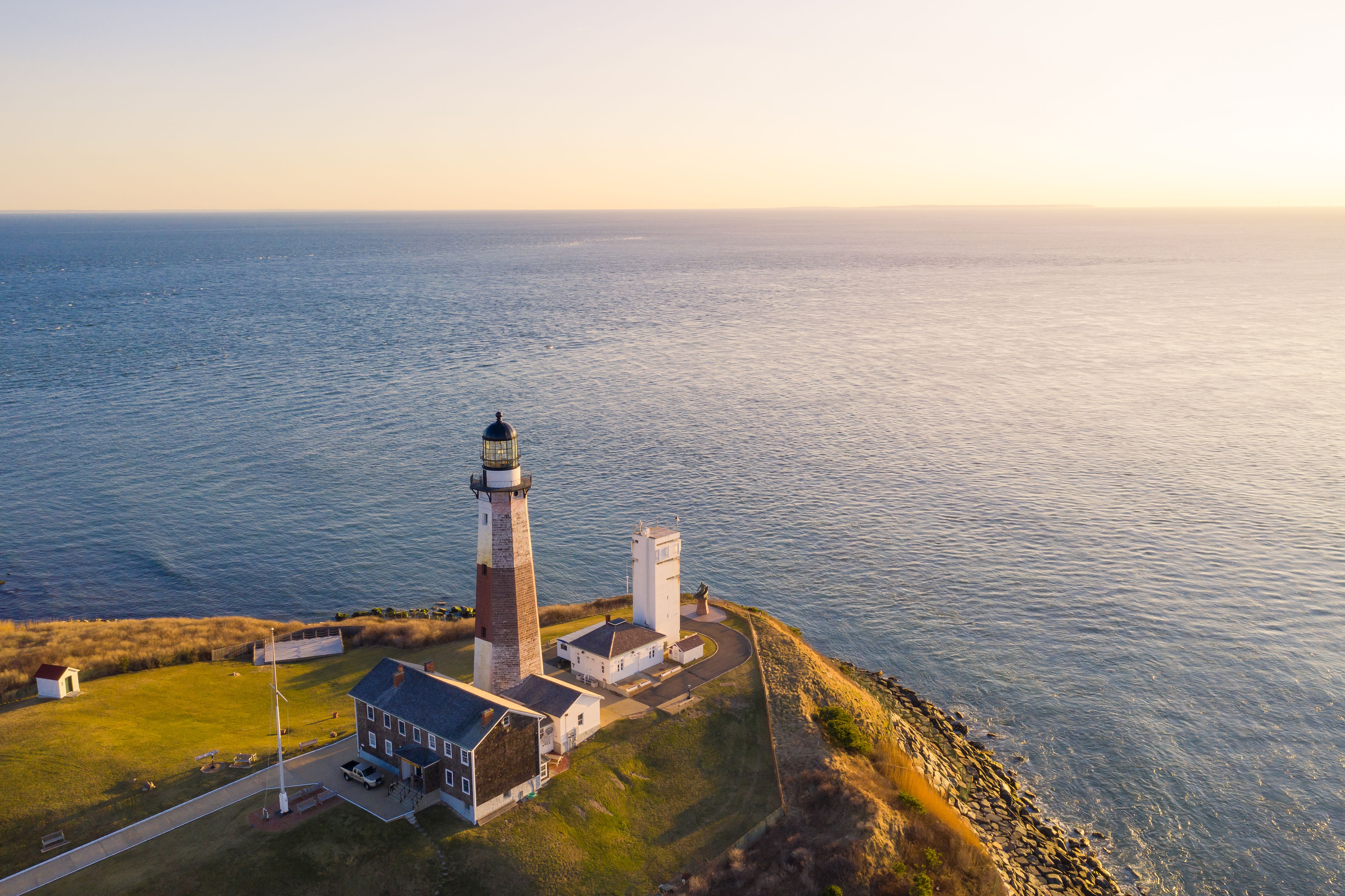 Aerial view of morning sunshine at Montauk Lighthouse Aerial view of morning sunshine at Montauk Lighthouse