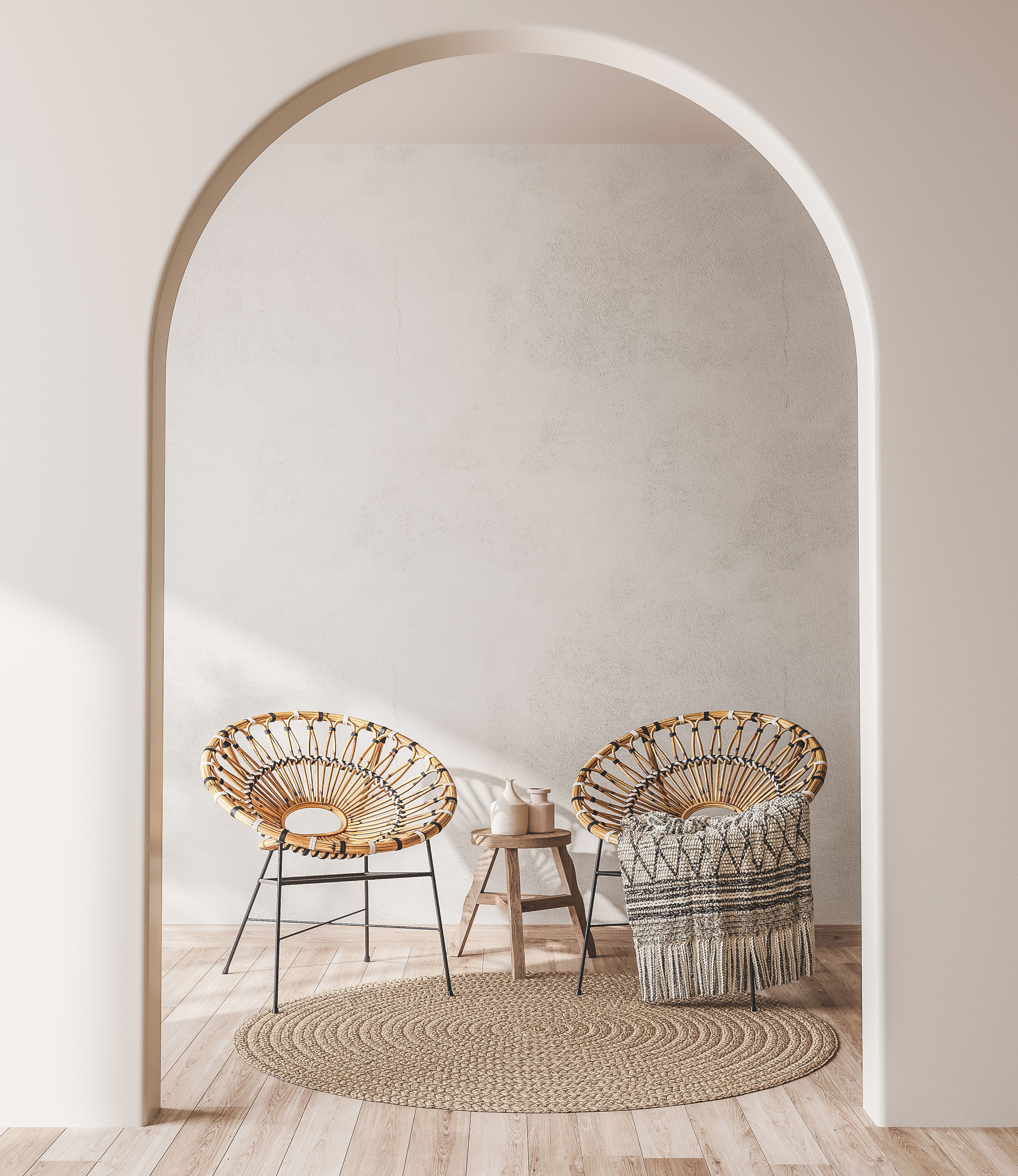 Interior mock up with wooden rattan armchairs, trendy carpet and stylish home accessories on beige wall background. Interior mock up with wooden rattan armchairs, trendy carpet and stylish home accessories on beige wall background.