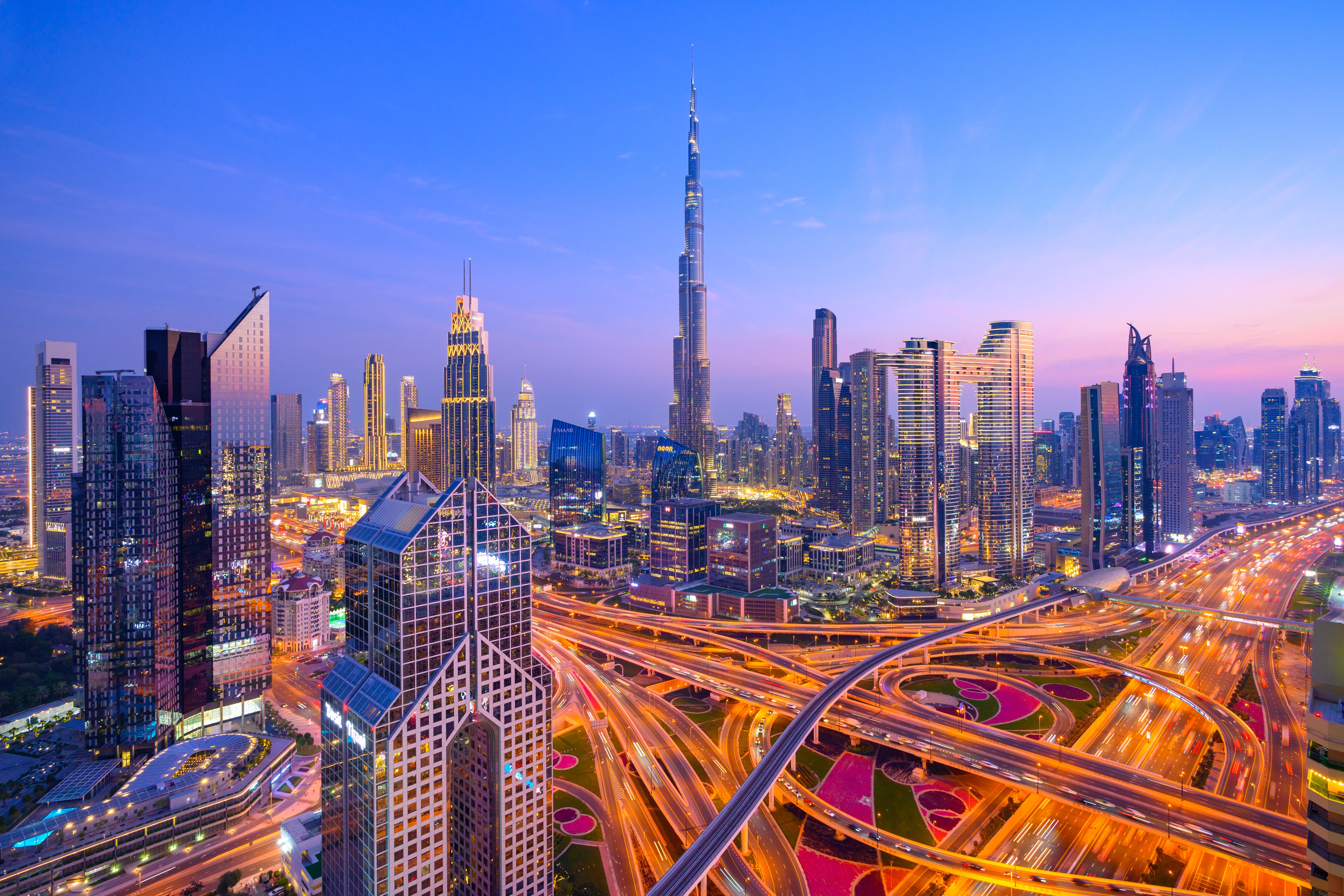 Aerial View of the Downtown Sheikh Zayed Road and Dubai City Skyline at Twilight, United Arab Emirates