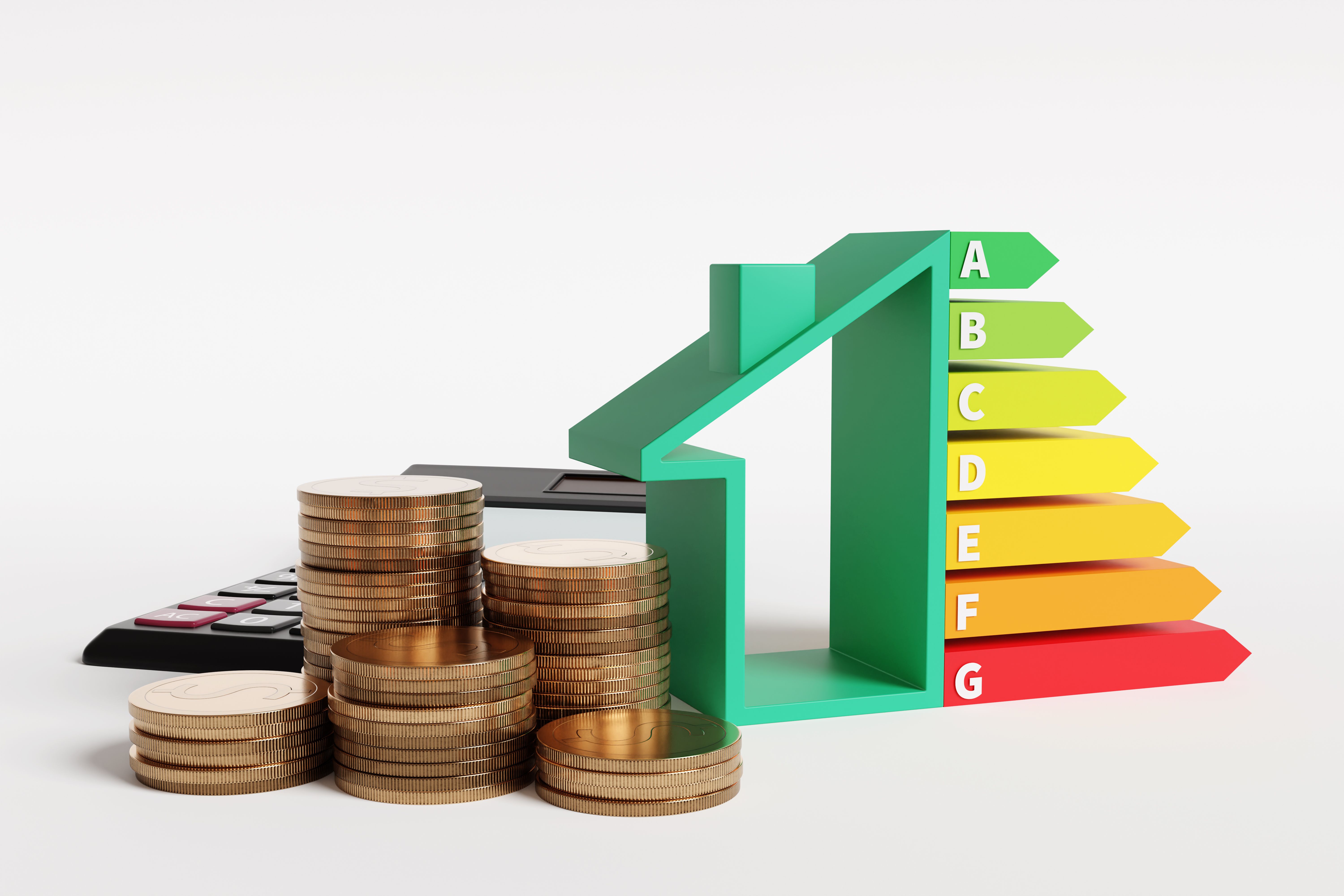 Half a house model with an energy efficiency chart, a calculator and stacks of gold coins on a white background. Illustration of the concept of energy saving and conservation
