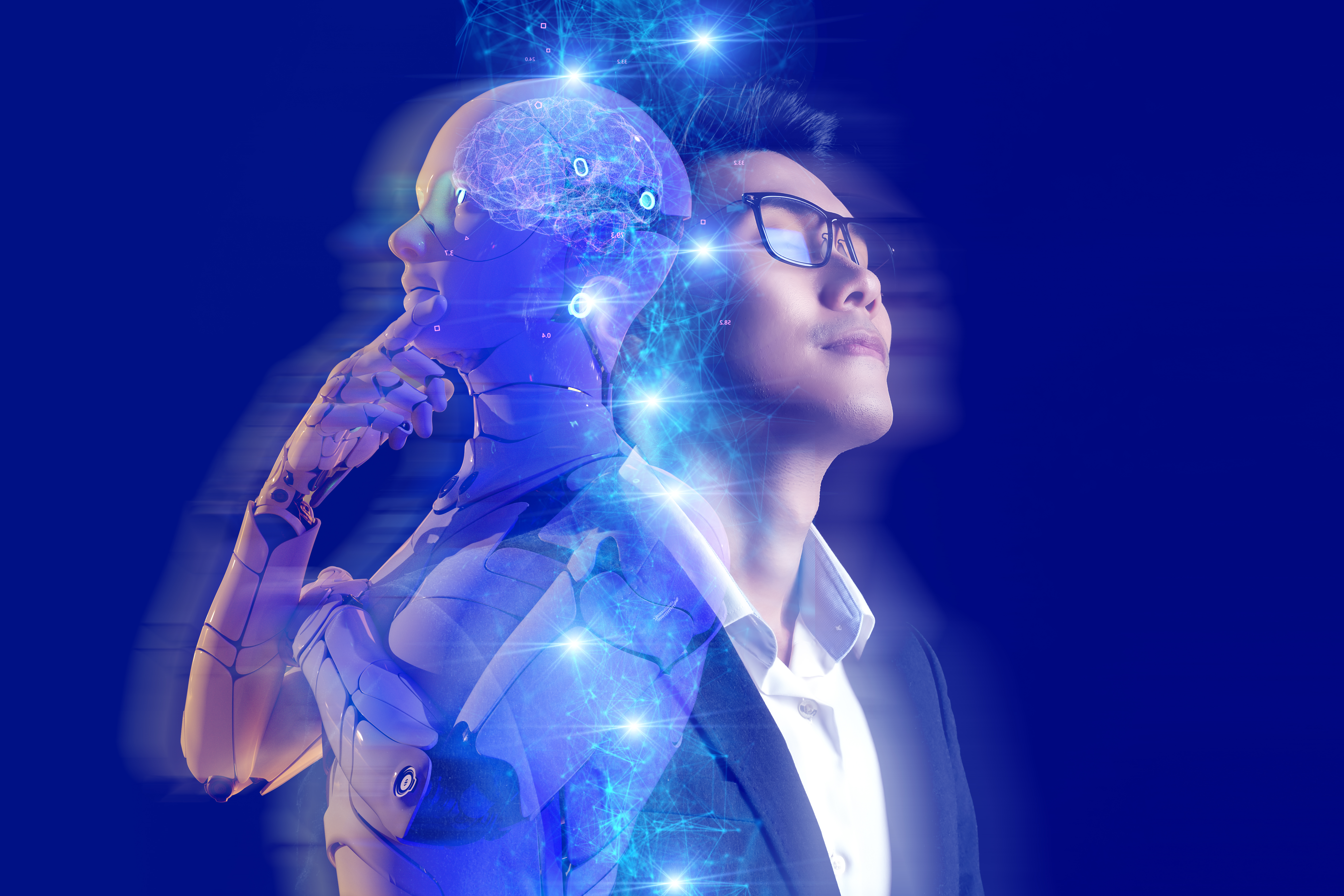 Business investment and AI artificial intelligence data analysis technology. Businessman and robot future investor, stock market, forex, and crypto currency finance investment. Business investment and AI artificial intelligence data analysis technology. Businessman and robot future investor, stock market, forex, and crypto currency finance investment.