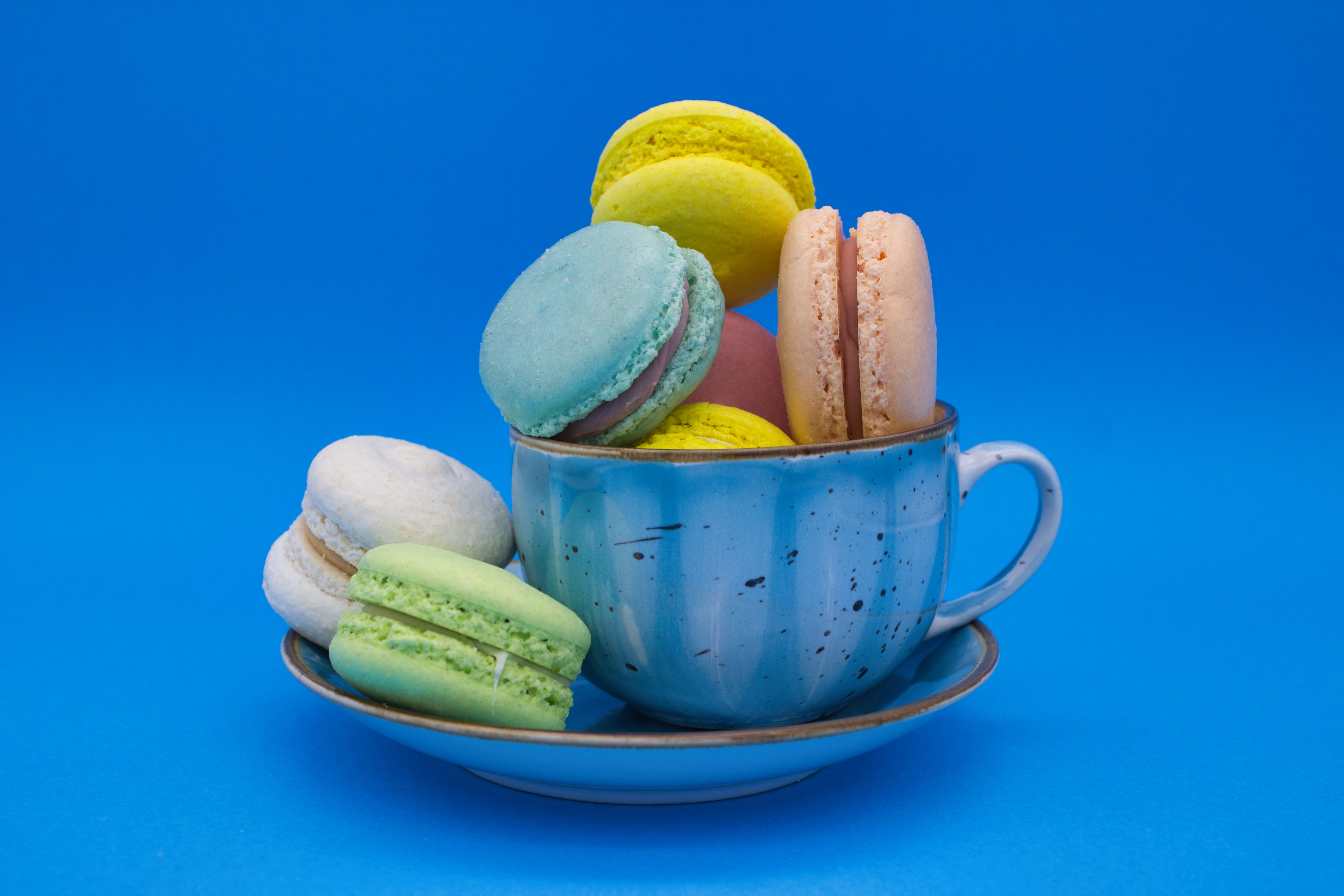 Colorful Macarons in a Blue Cup on a Vibrant Background Colorful Macarons in a Blue Cup on a Vibrant Background