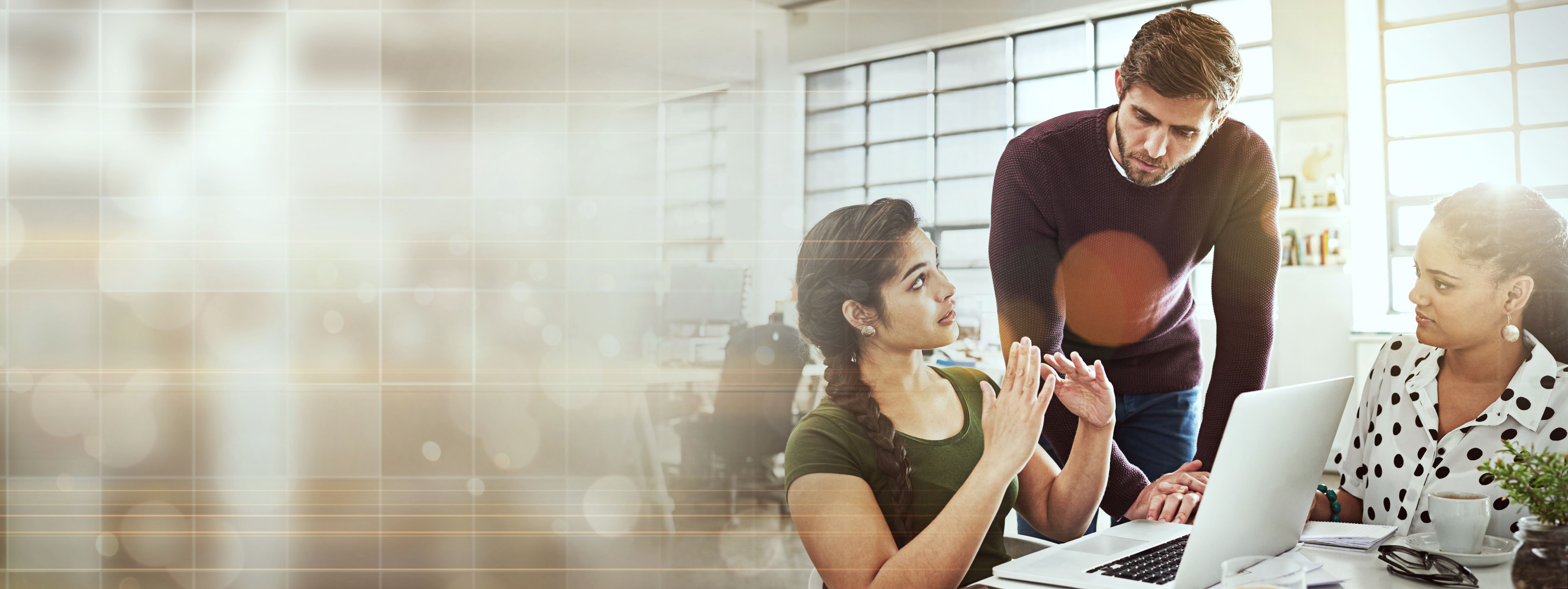 Mockup banner, laptop and teamwork of business people, web designer and group working on online website design. Manager, advertising grid space or team cooperation on SEO project, research or startup