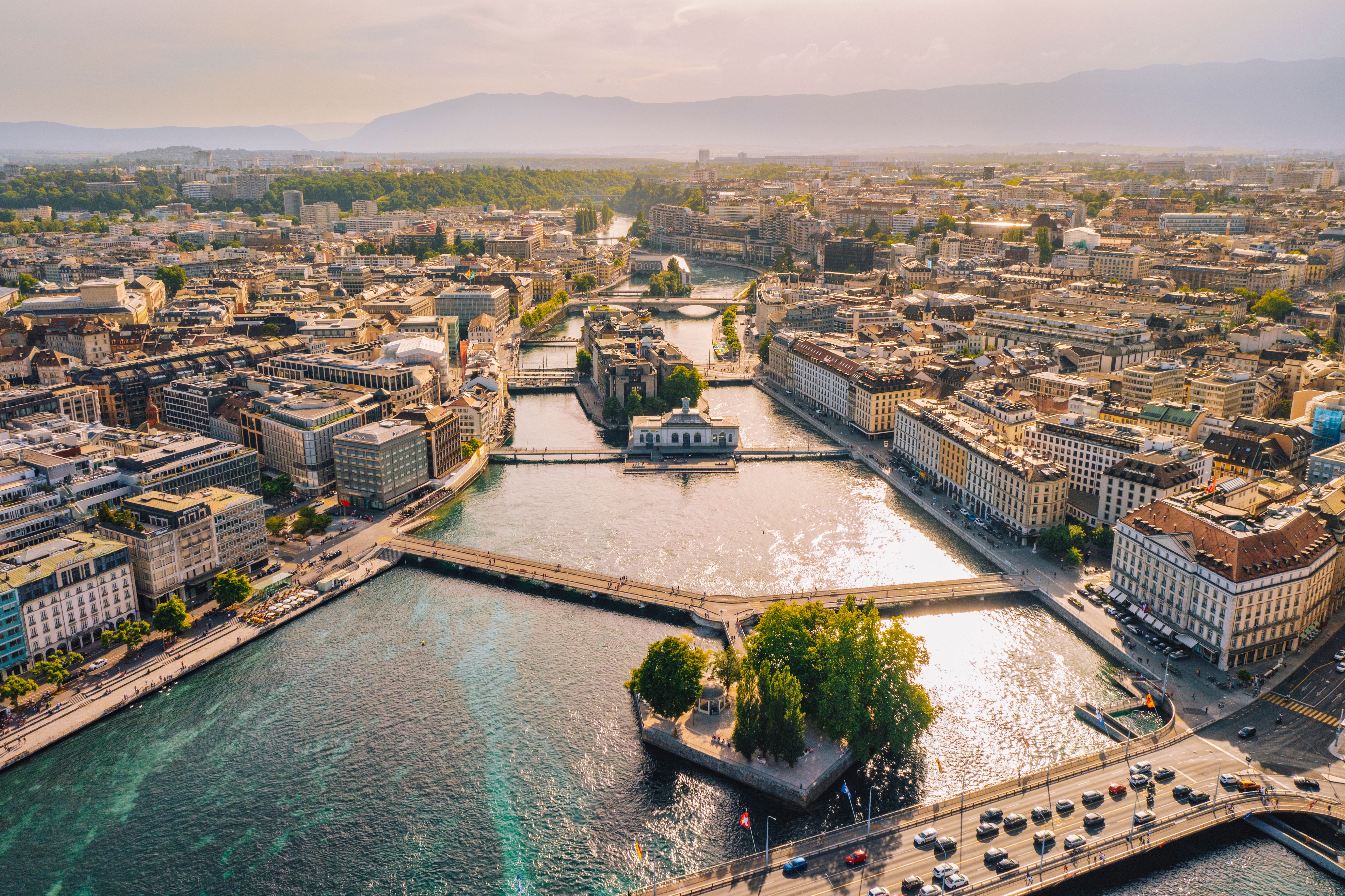 Aerial view of Geneva downtown, city in Switzerland