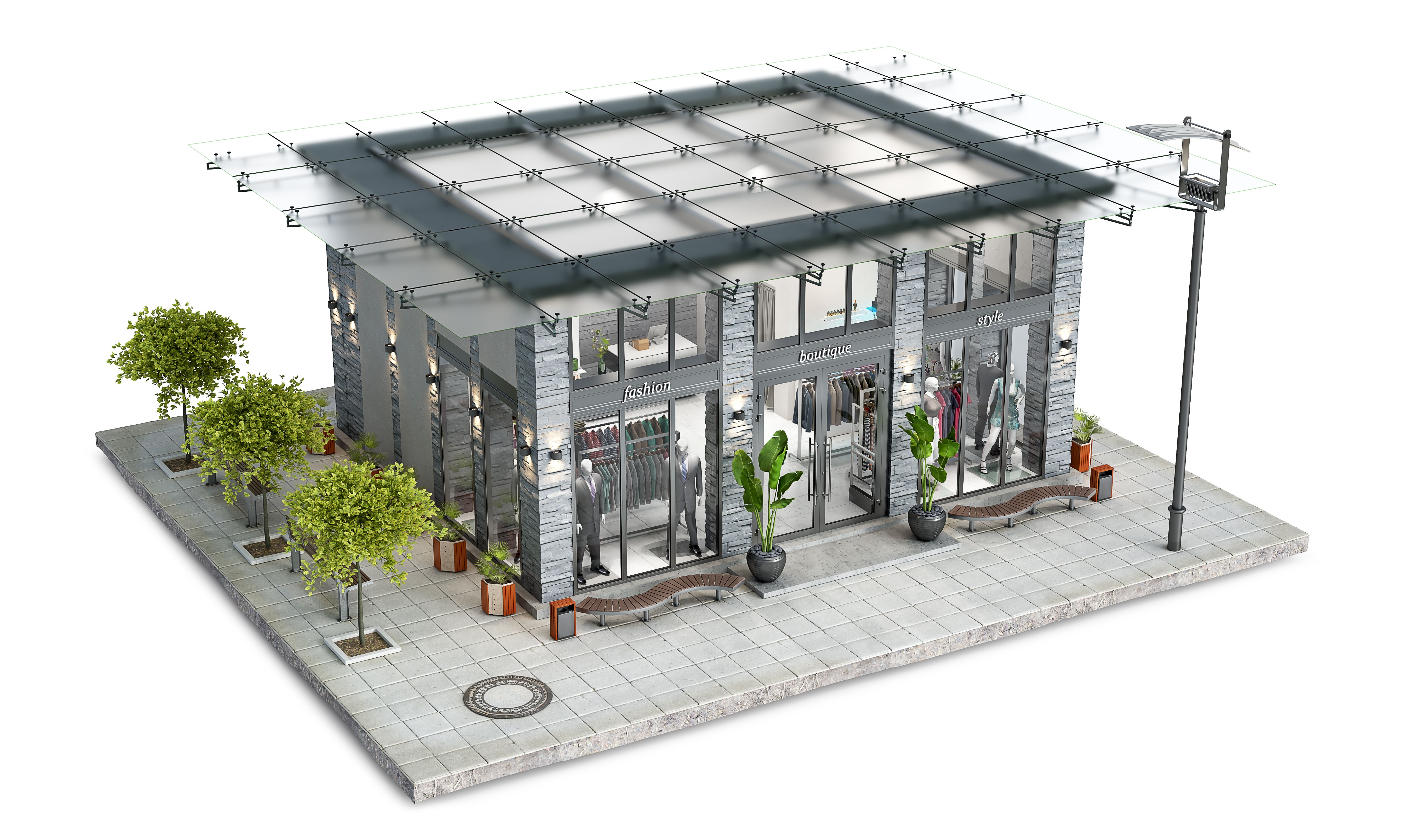Modern boutique on a piece of ground, 3d illustration