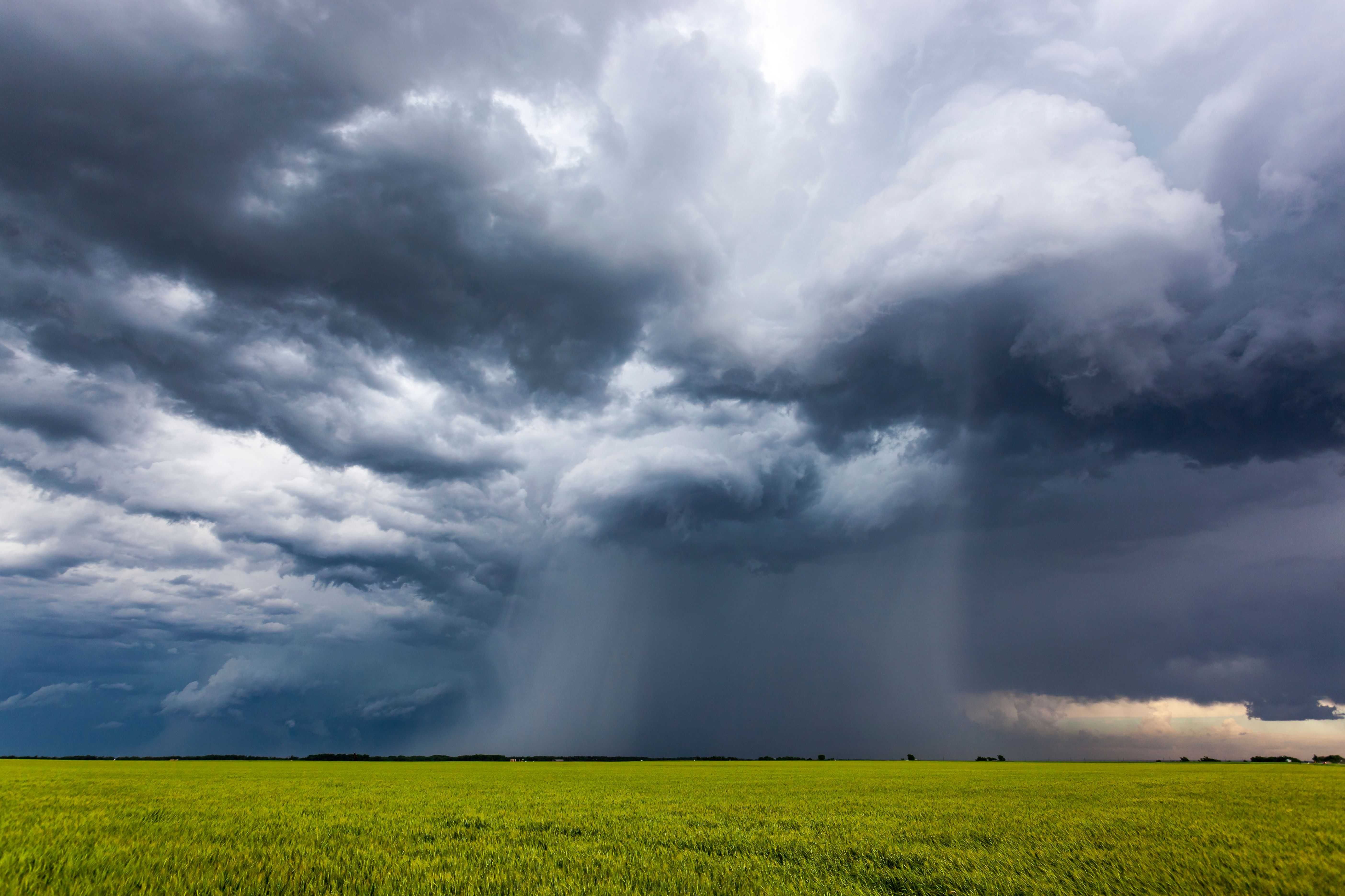 Severe, rotating storm clouds with torrential rain shaft over farmland