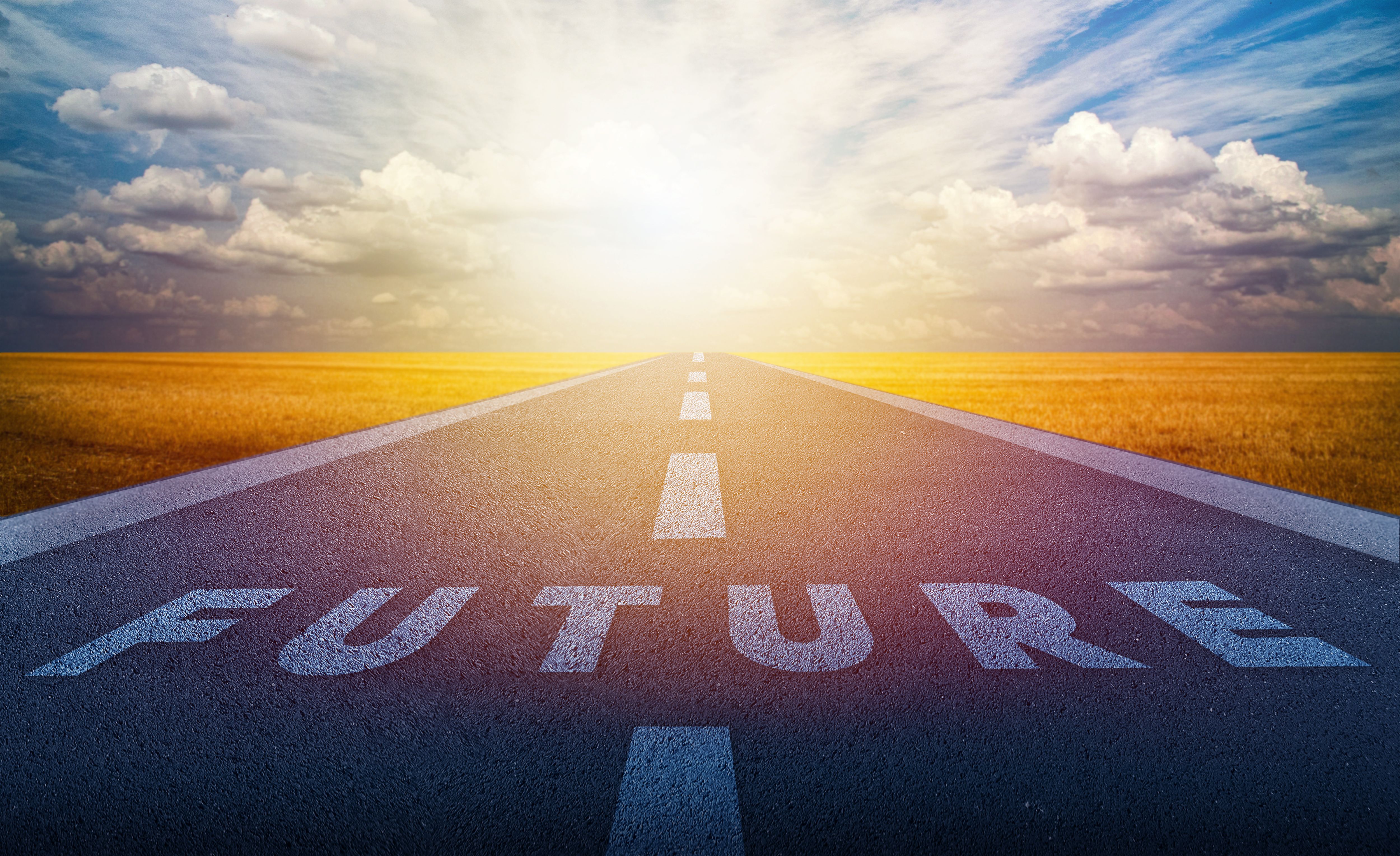 Future on the road in the middle of asphalt road with at sunset forward. Business target and growth strategy concept Future on the road in the middle of asphalt road with at sunset forward. Business target and growth strategy concept