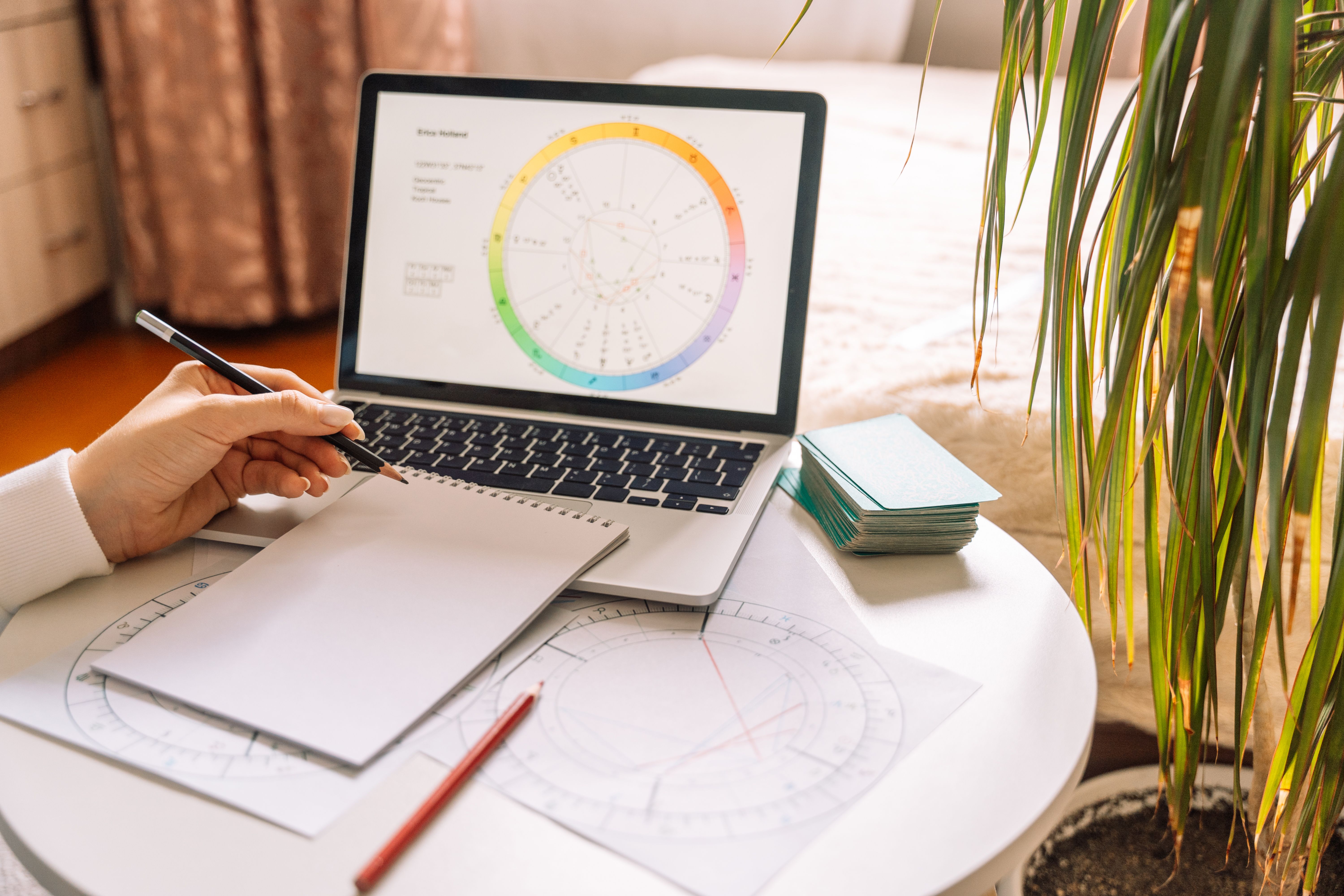 An astrologer makes a natal chart using a laptop