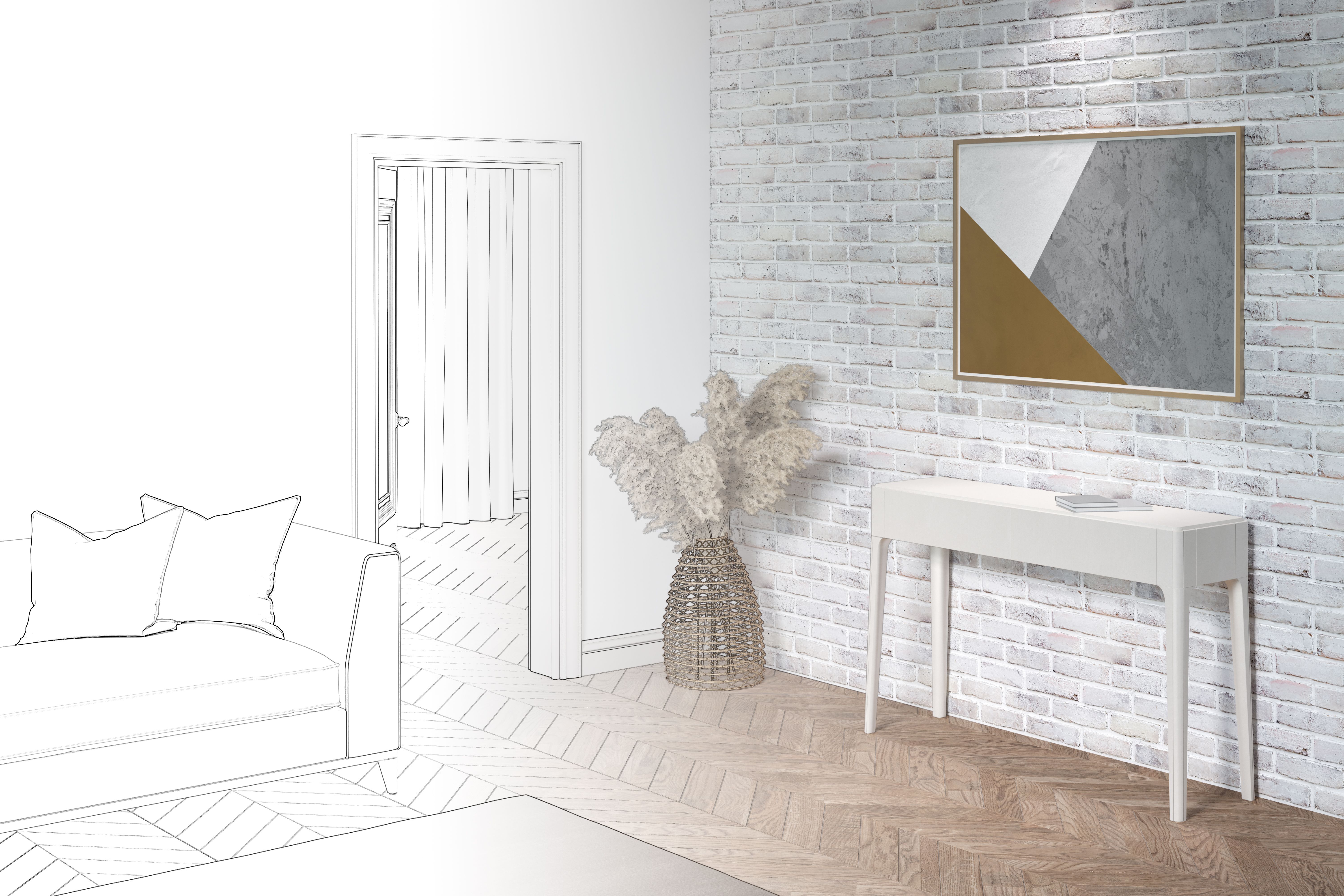 A sketch becomes a real living room with a horizontal poster on a brick wall, an open door, pampas grass in a wicker basket, a sideboard, a sofa with pillows, a carpet on the parquet floor.