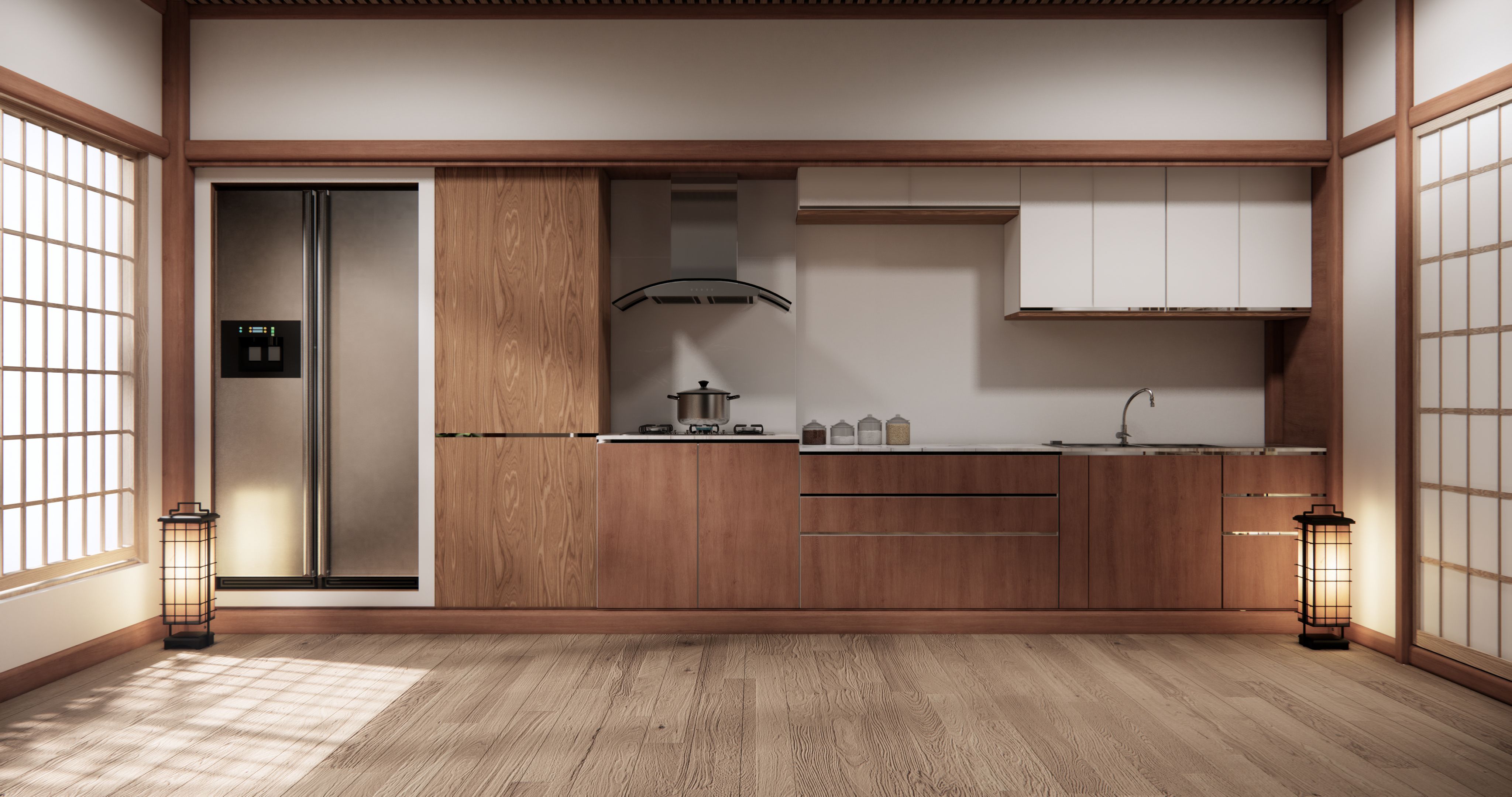 Mock up Kitchen room japanese style,white wall mock up.3D rendering