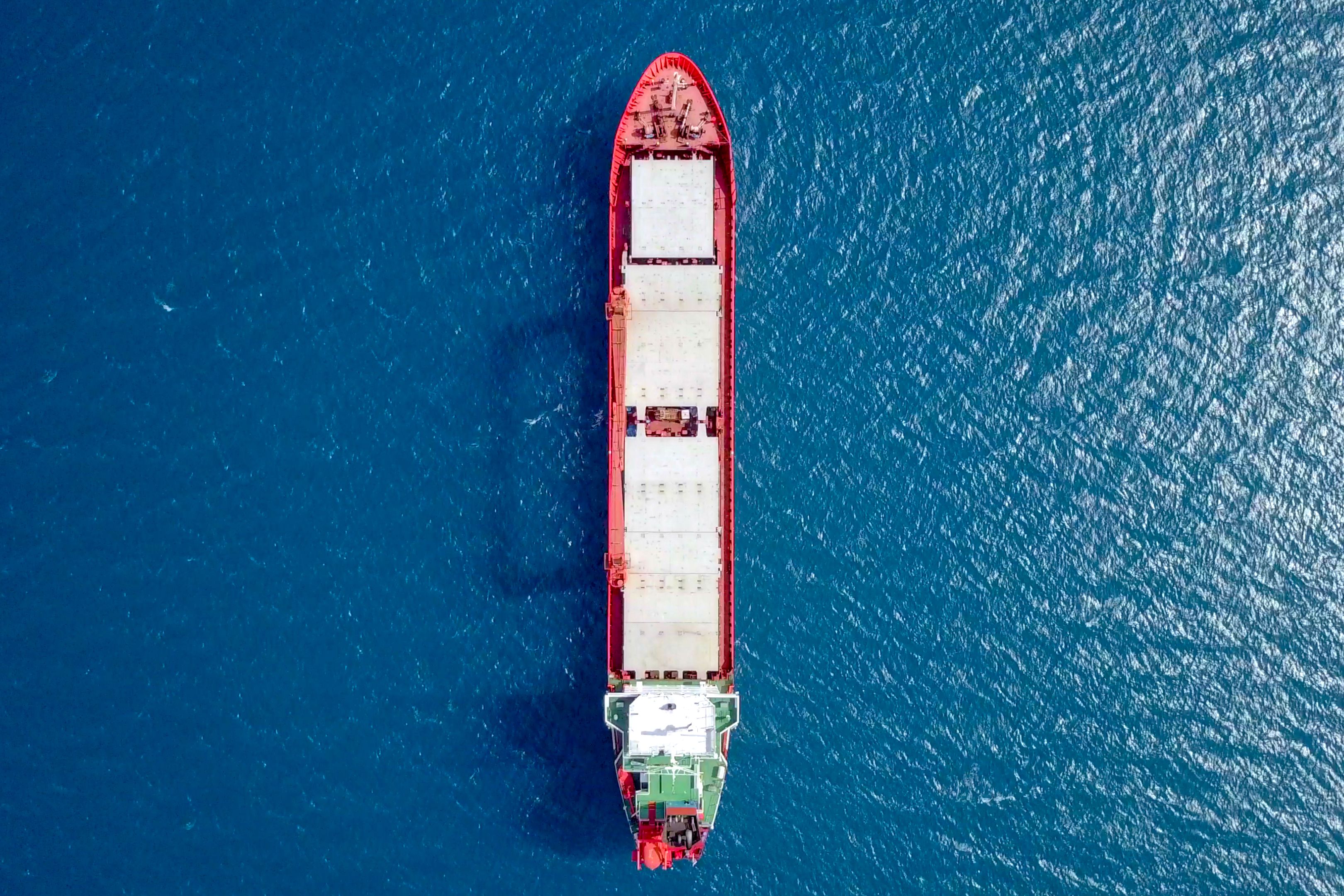 General cargo ship at sea - Aerial image