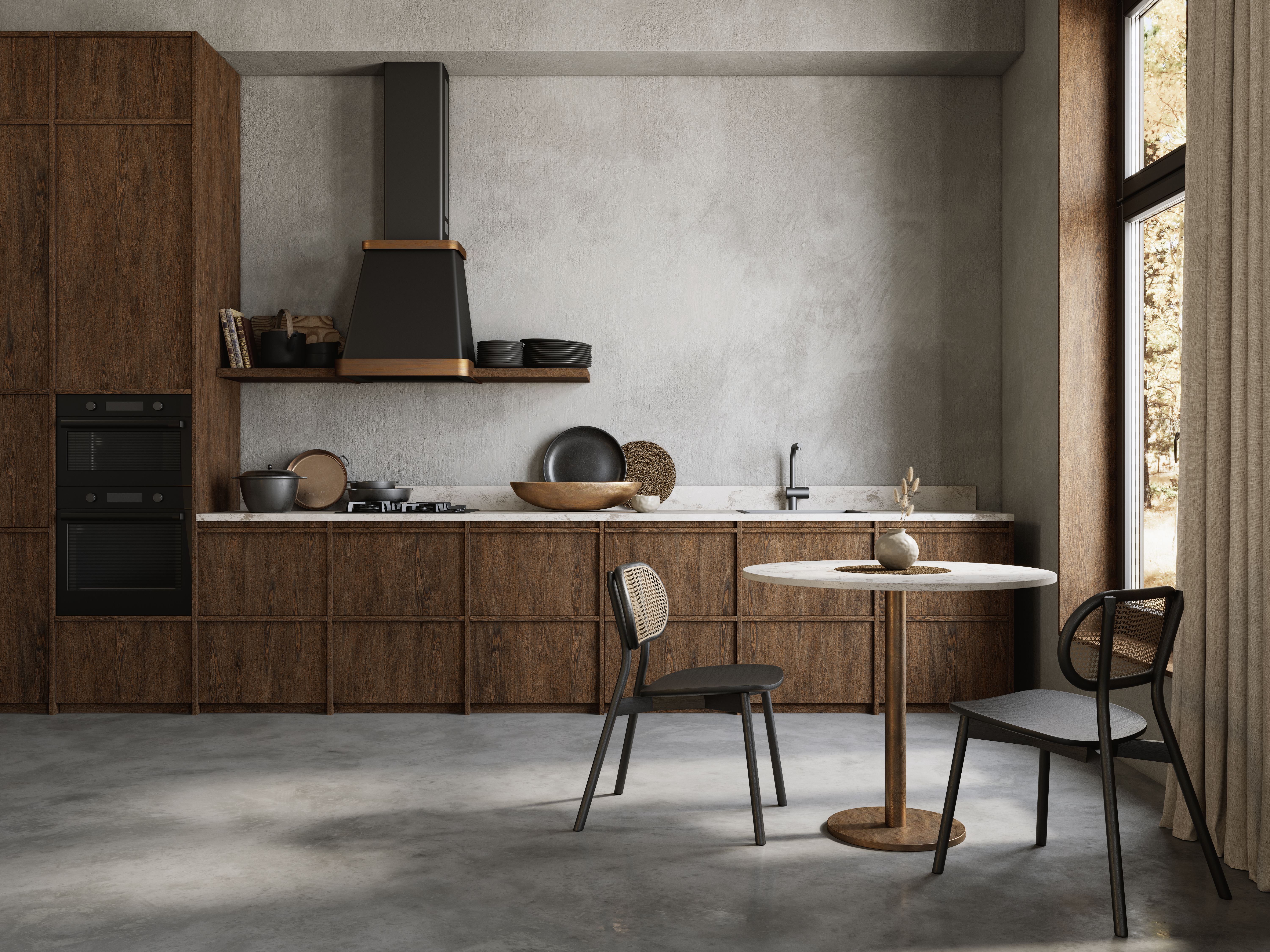 Kitchen interior with gray stucco wall, wooden furniture and decor. 3d render illustration mockup. Kitchen interior with gray stucco wall, wooden furniture and decor. 3d render illustration mockup.