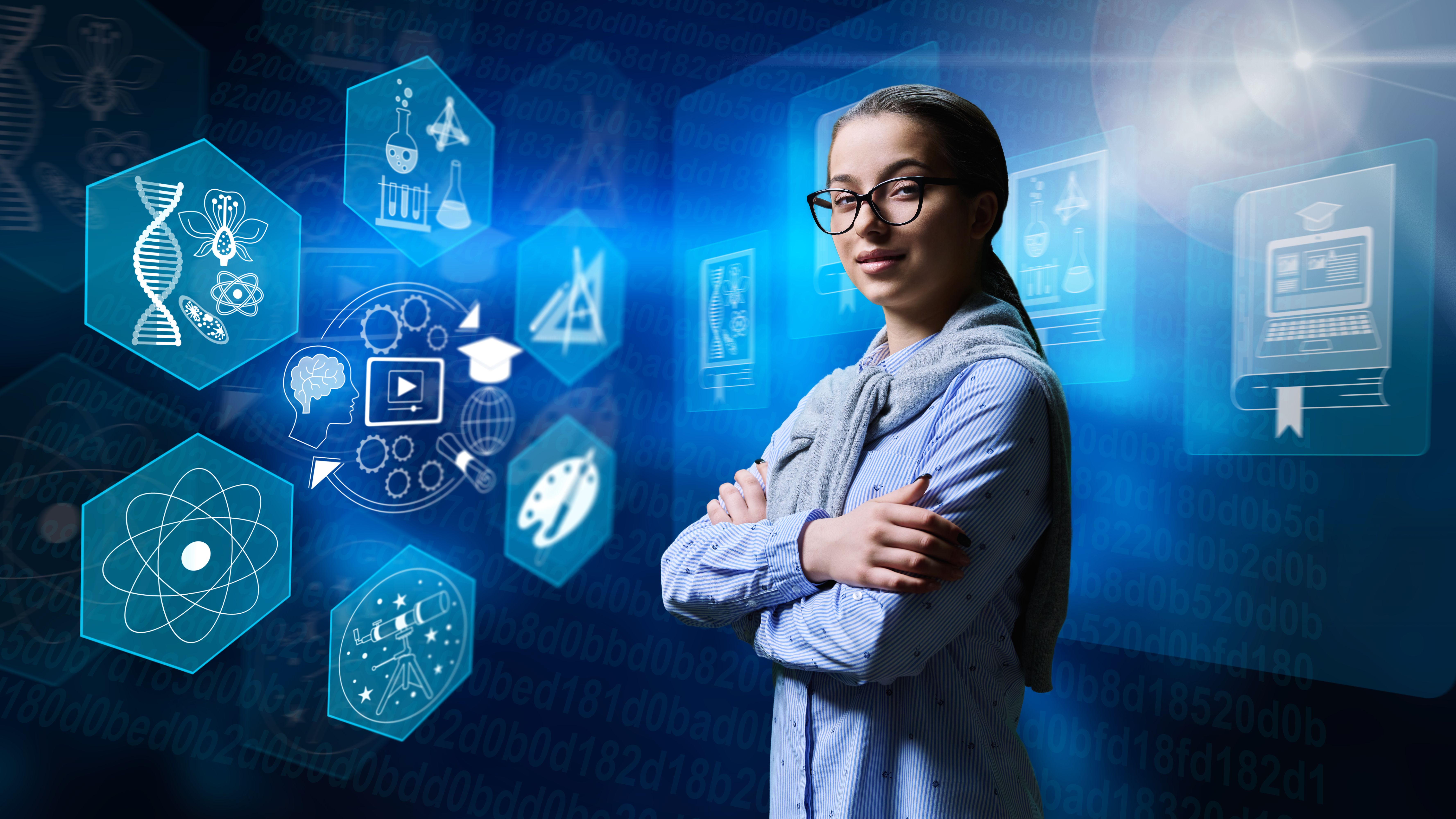 Portrait of teenage female student looking at camera, on glowing digital background Portrait of teenage female student looking at camera, on glowing digital background