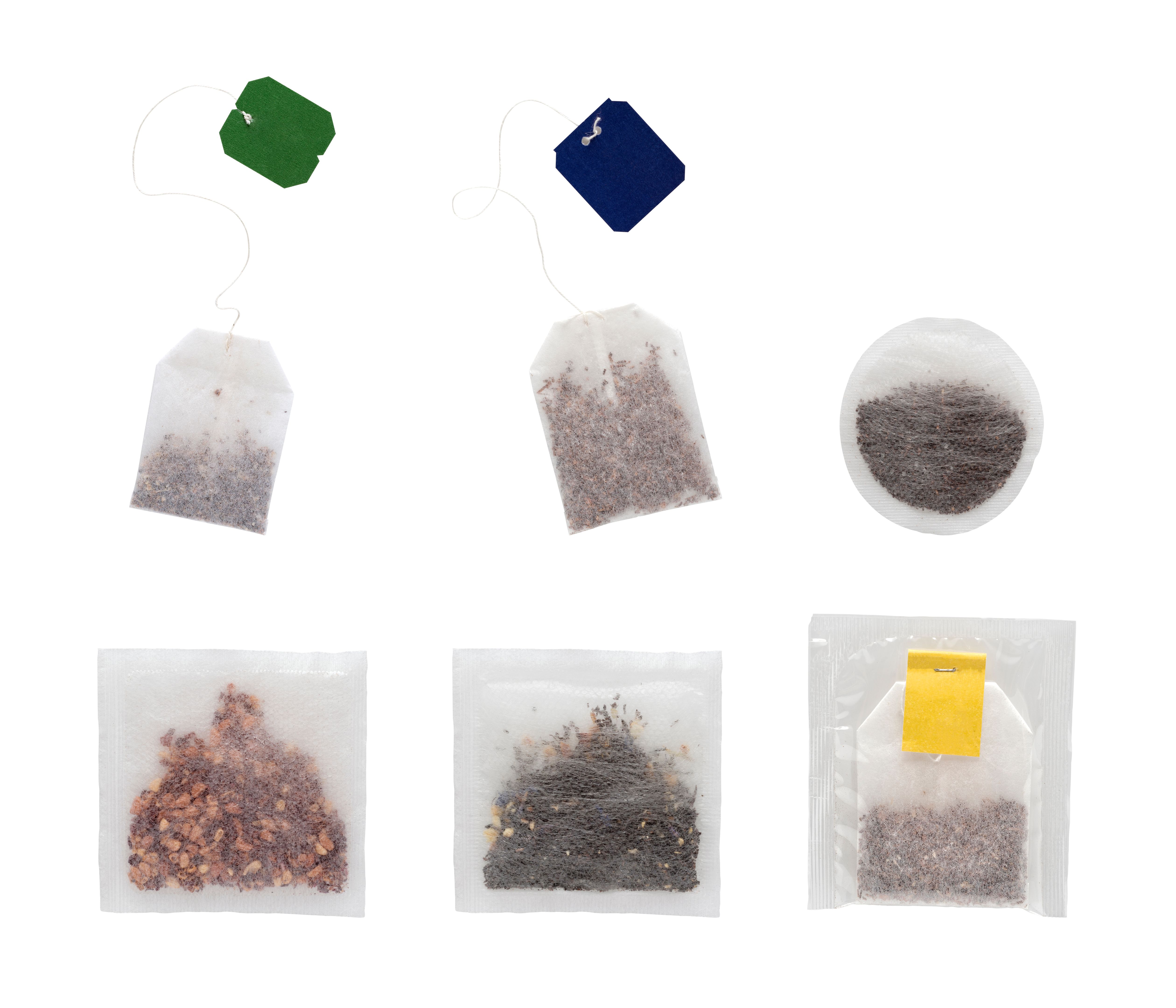 Tea bags with labels in rectangle, square, round shapes, cut out